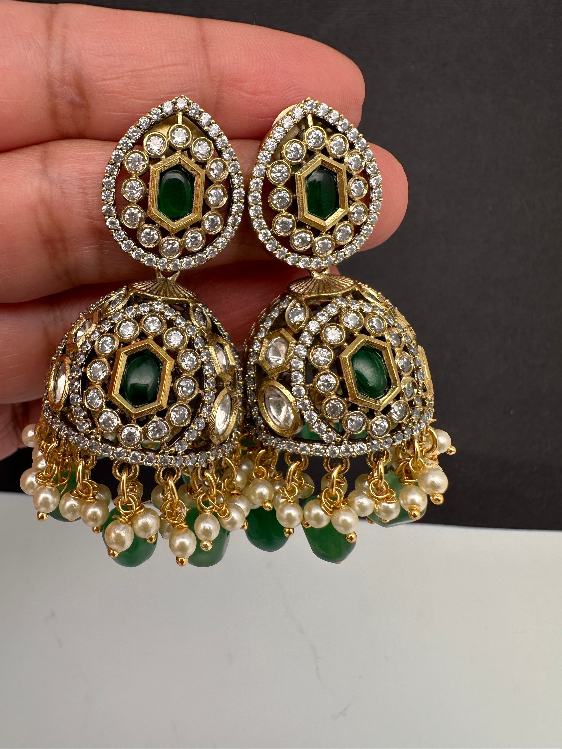 AD Color Stone Kundan Jhumki Earings - Green