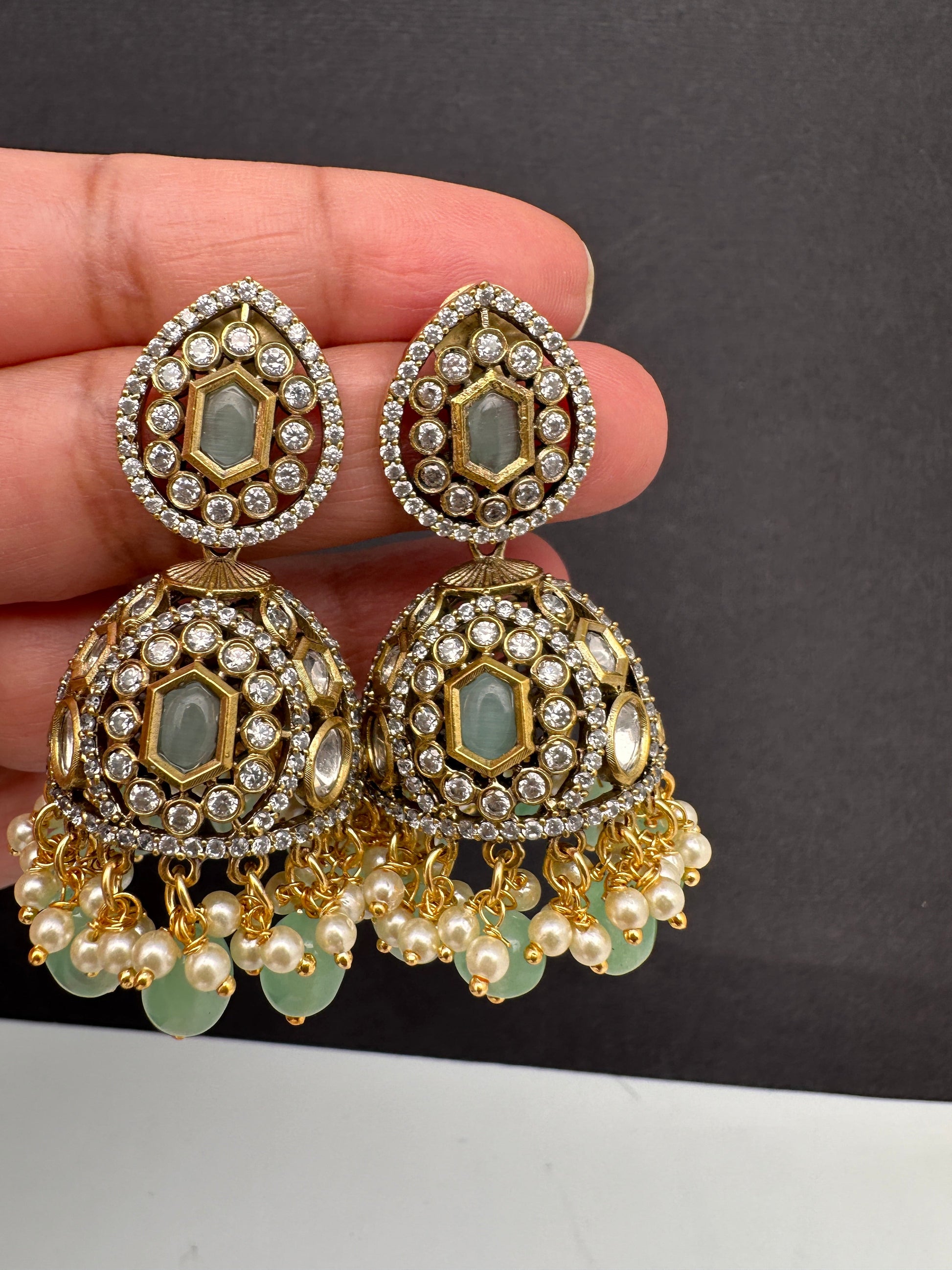 AD Color Stone Kundan Jhumki Earings - LightGreen