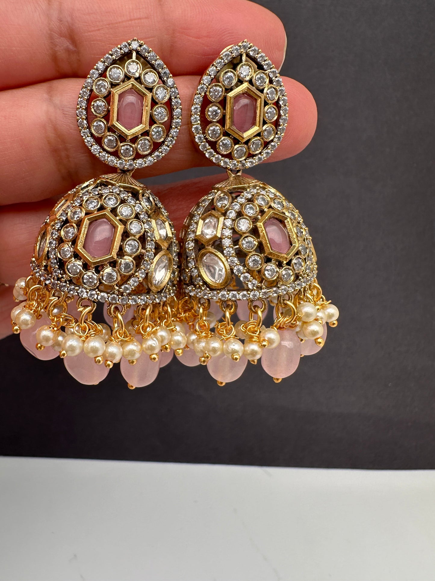 AD Color Stone Kundan Jhumki Earings - Pink