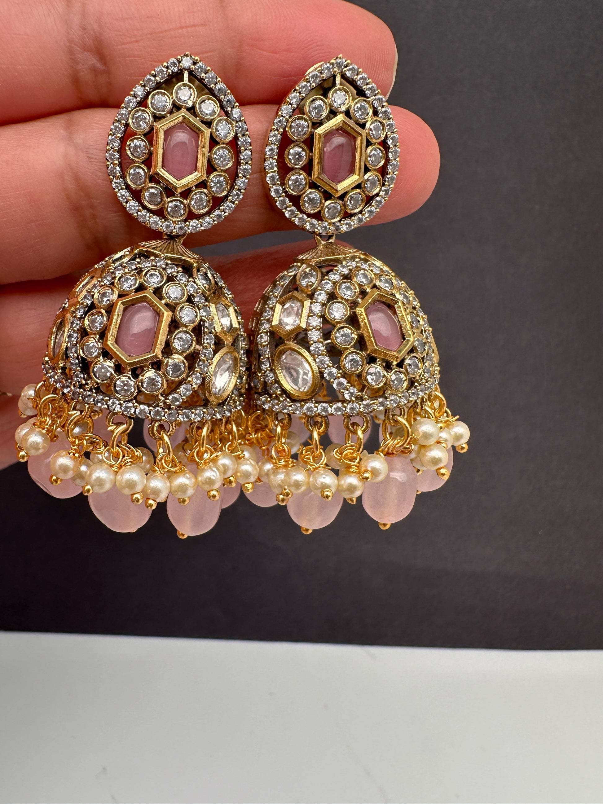 AD Color Stone Kundan Jhumki Earings - Pink
