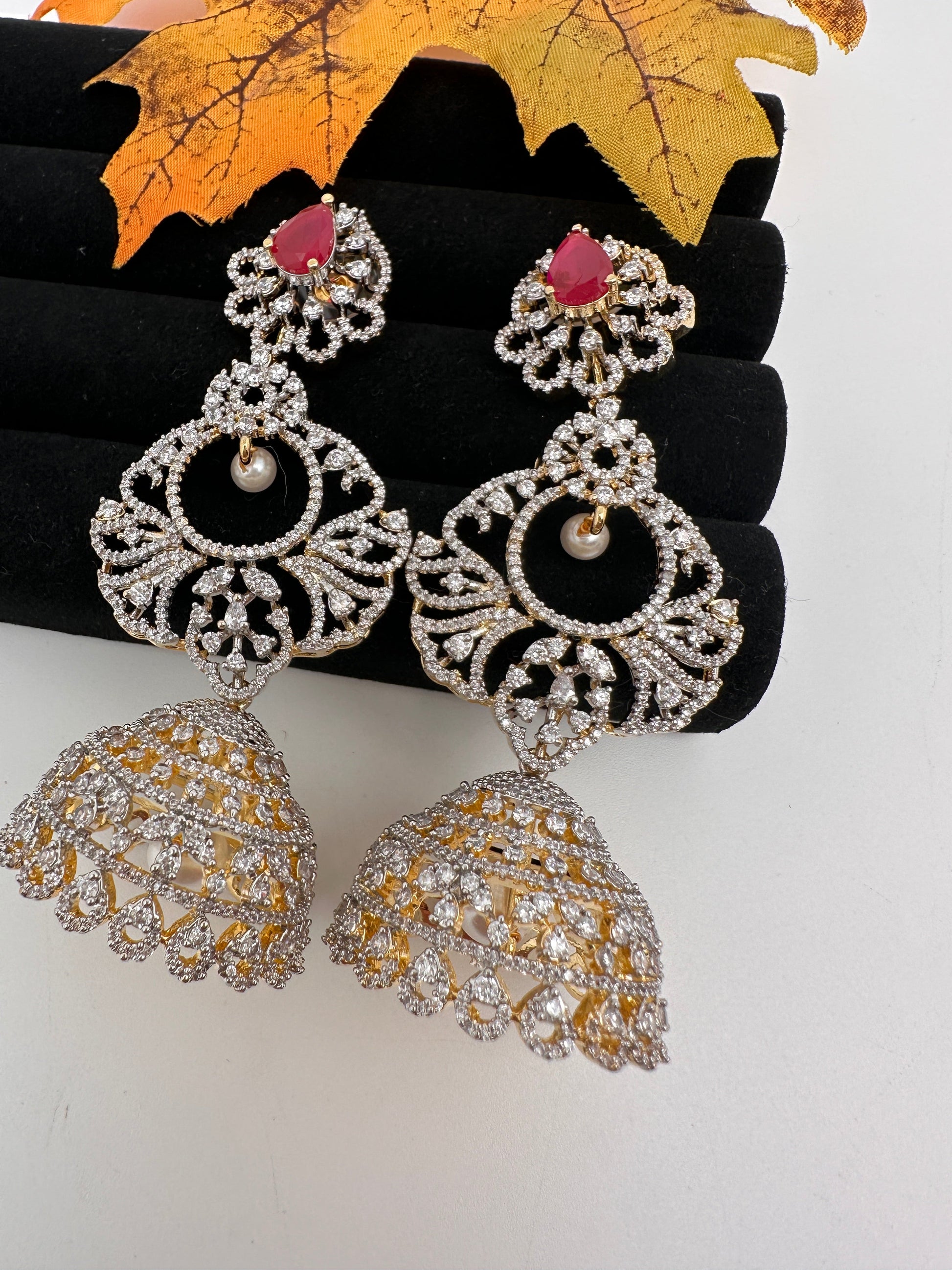 Diamond Color Stone Big Jhumki Earings - Red