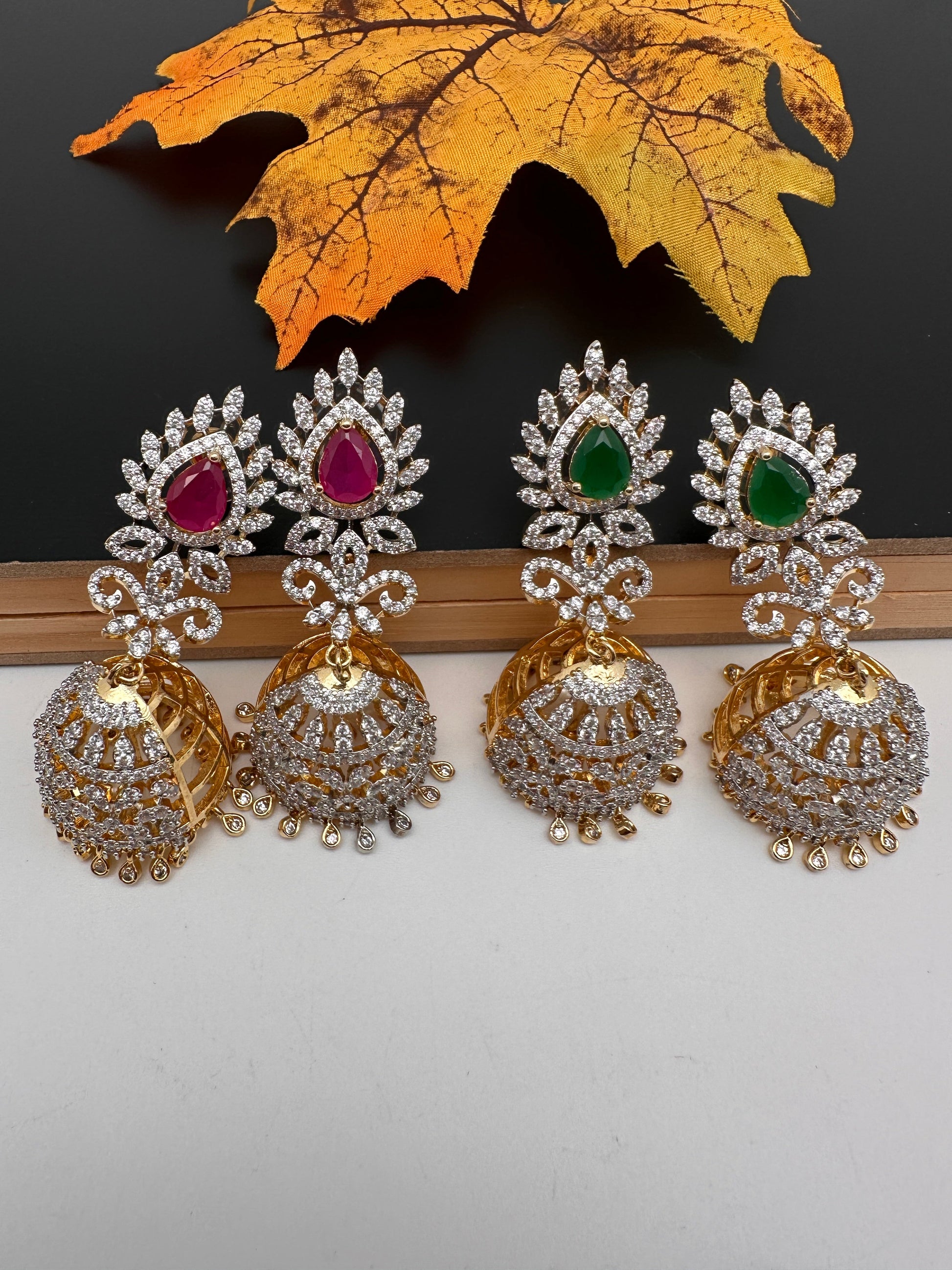 Diamond Color Stone Jhumka Earings - Green