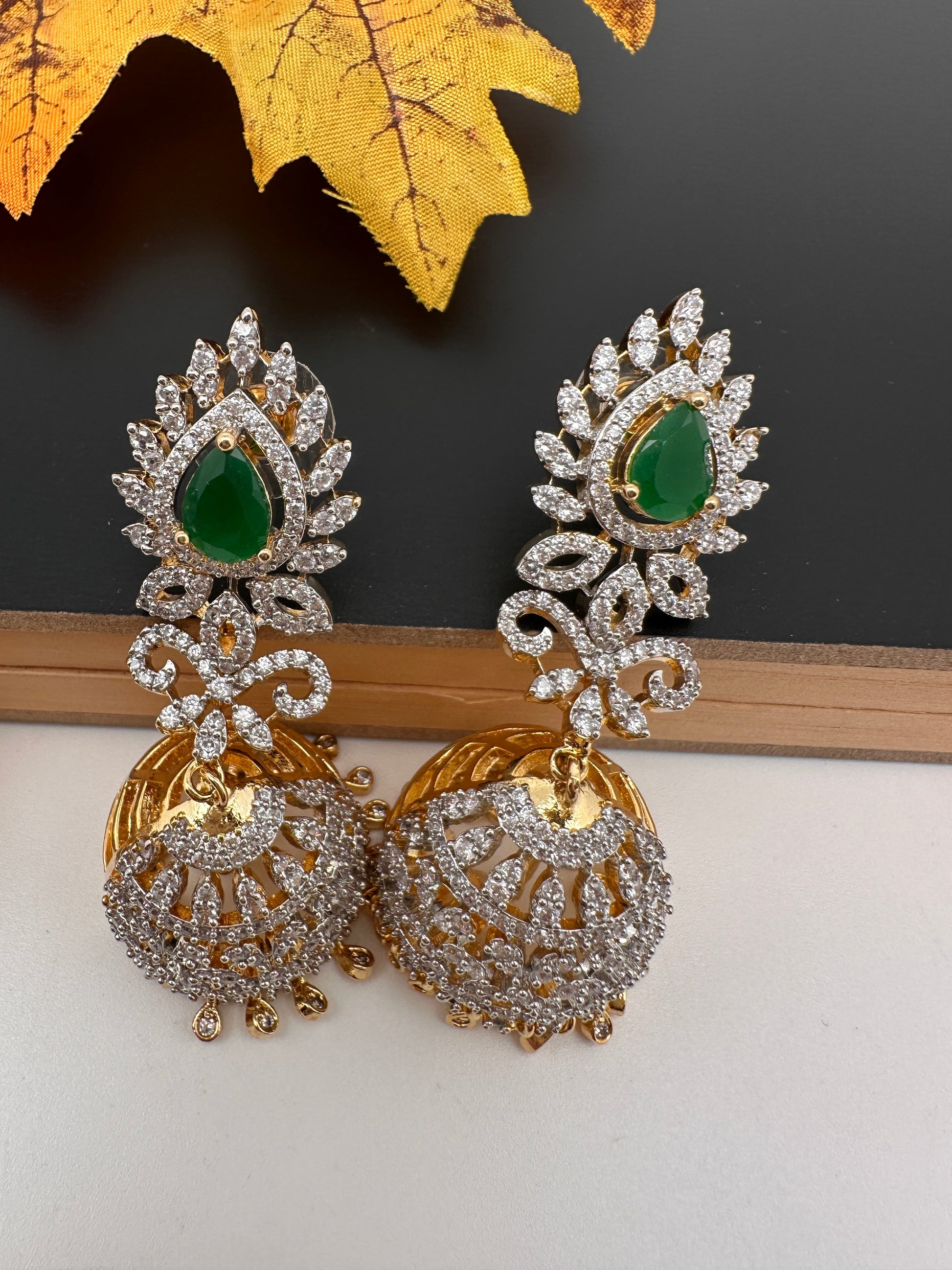 Diamond Color Stone Jhumka Earings - Green