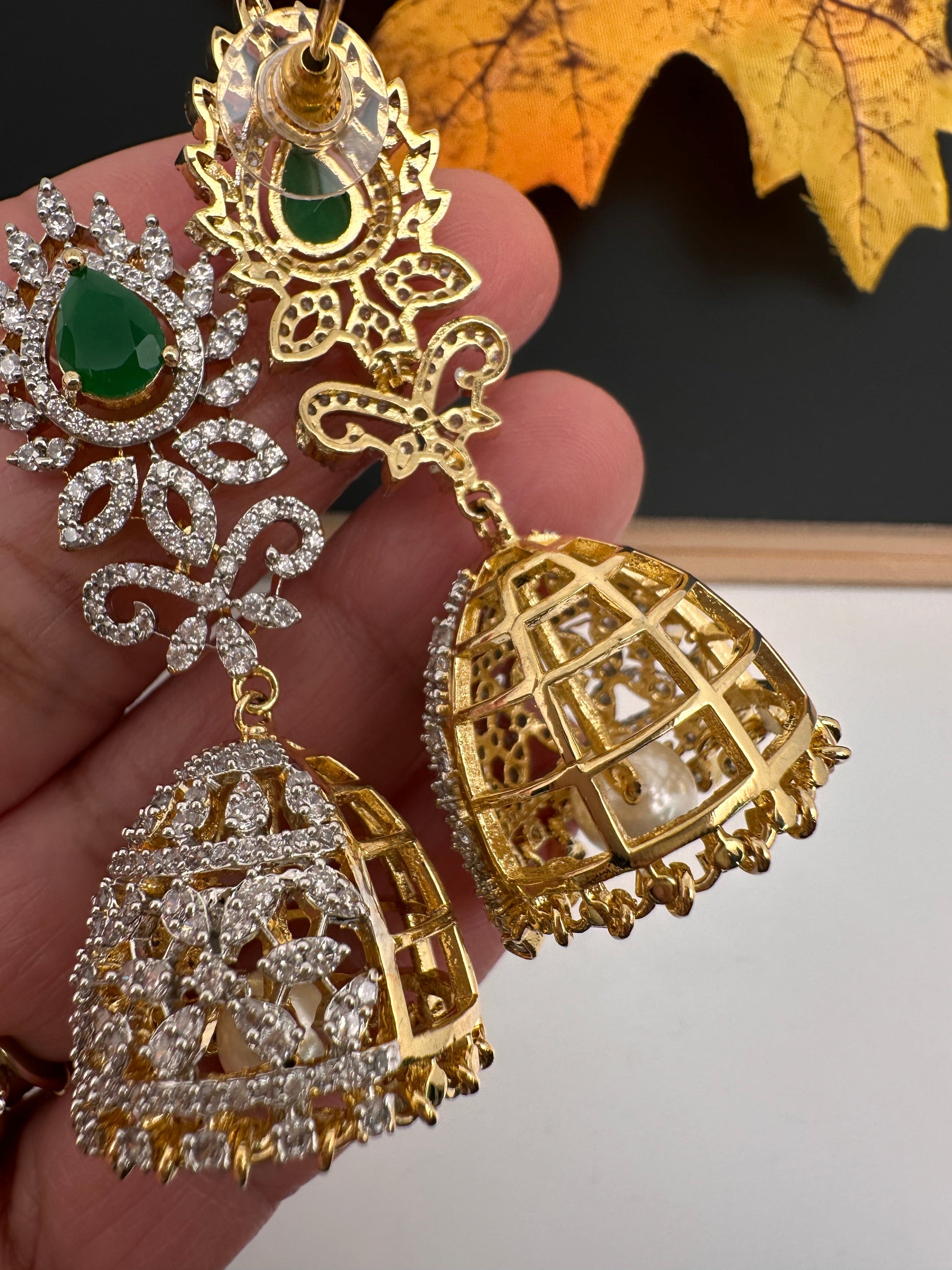 Diamond Color Stone Jhumka Earings - Green