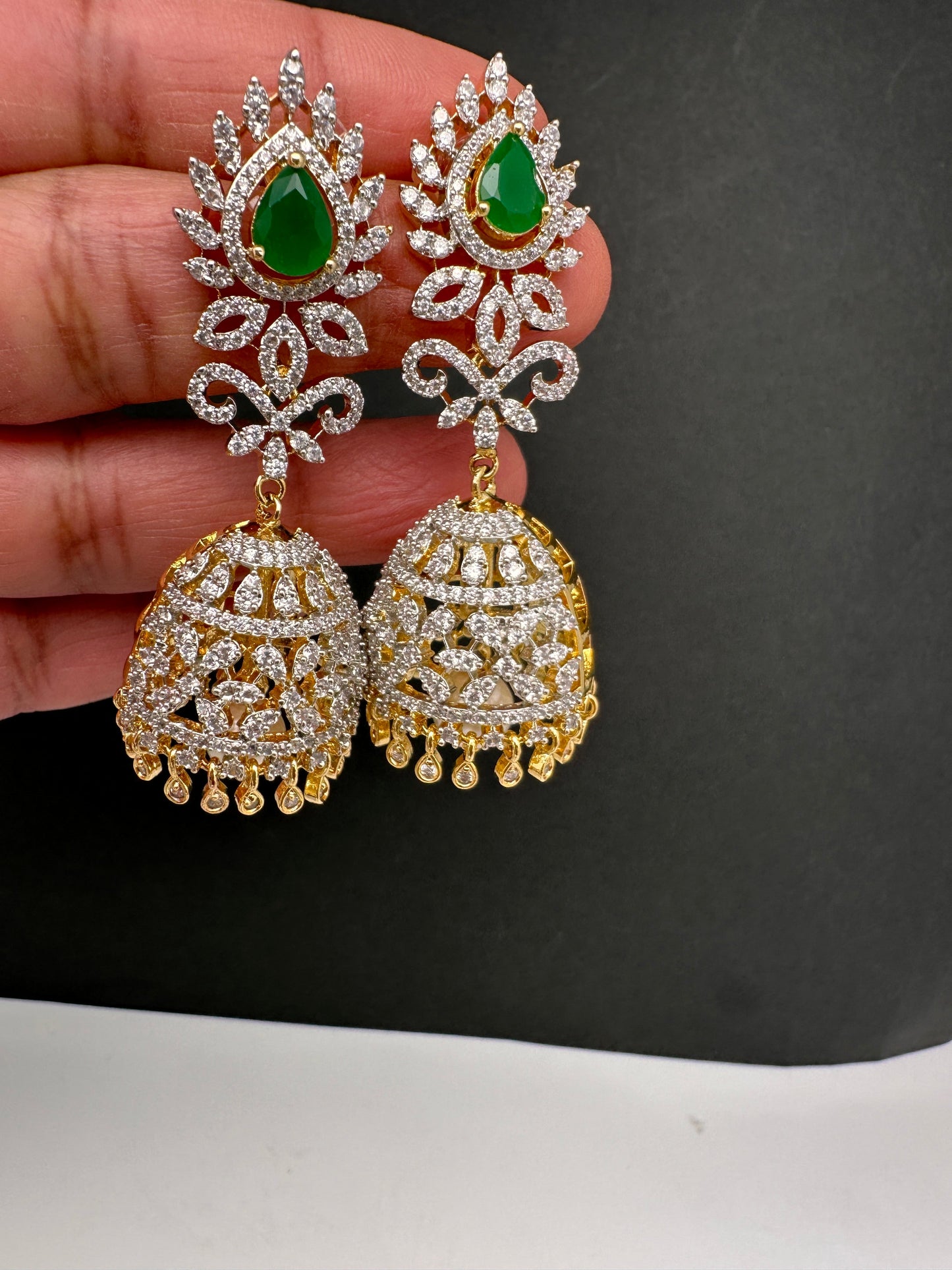 Diamond Color Stone Jhumka Earings - Green