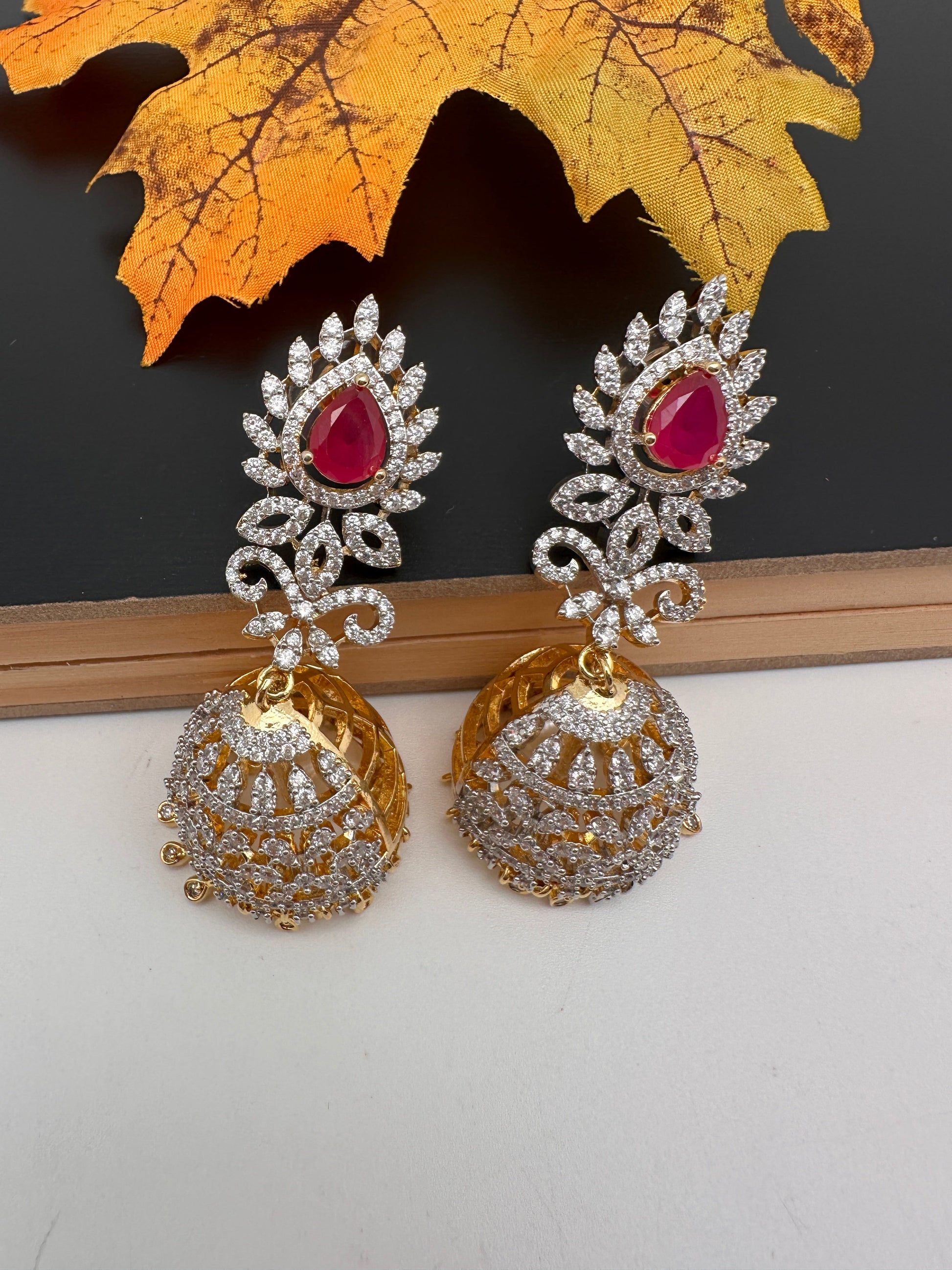 Diamond Color Stone Jhumka Earings - Red