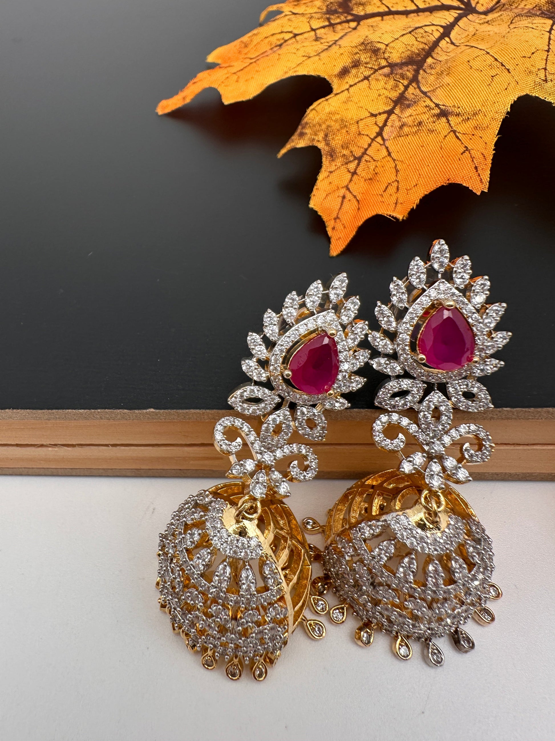 Diamond Color Stone Jhumka Earings - Red