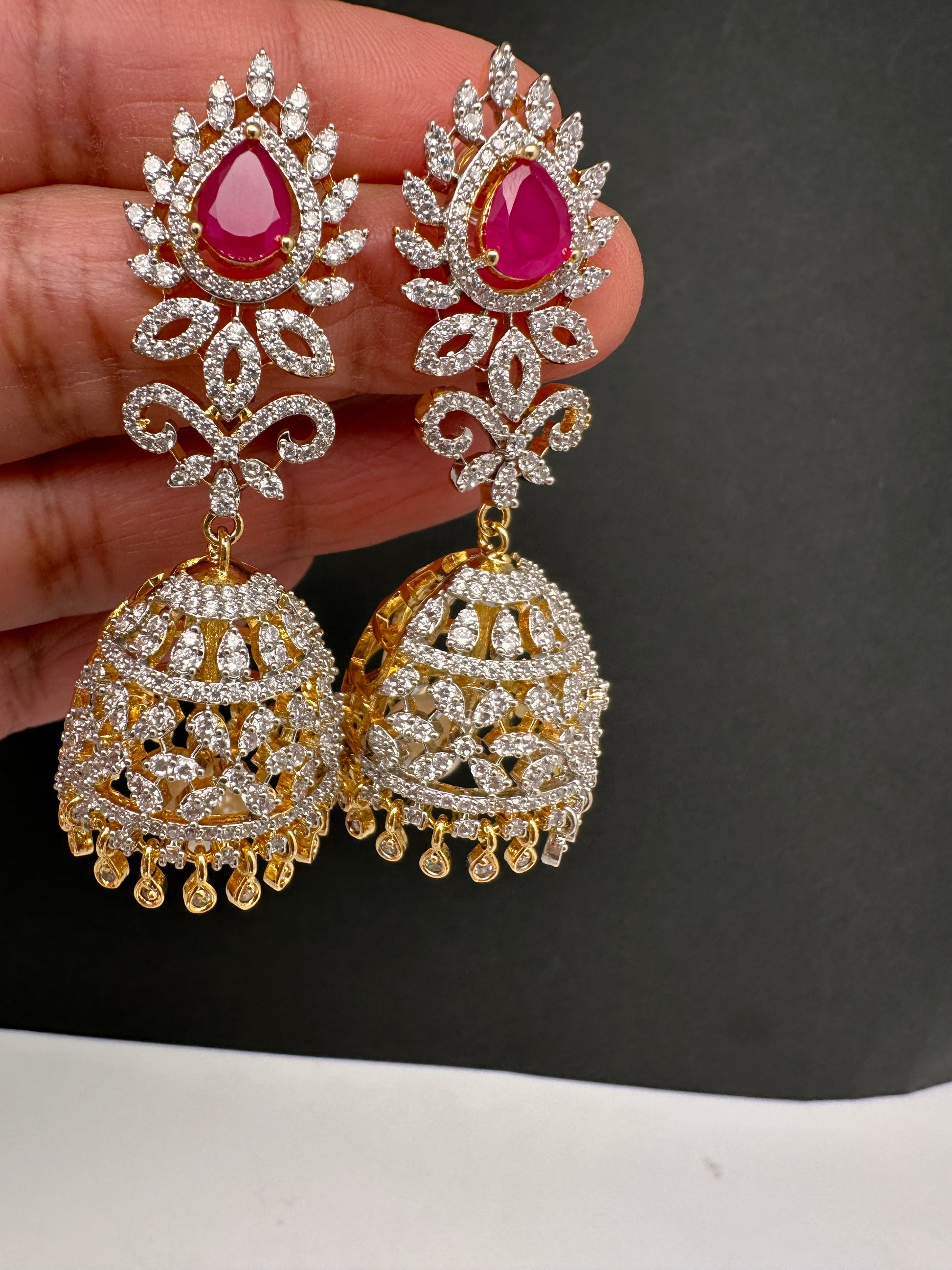 Diamond Color Stone Jhumka Earings - Red