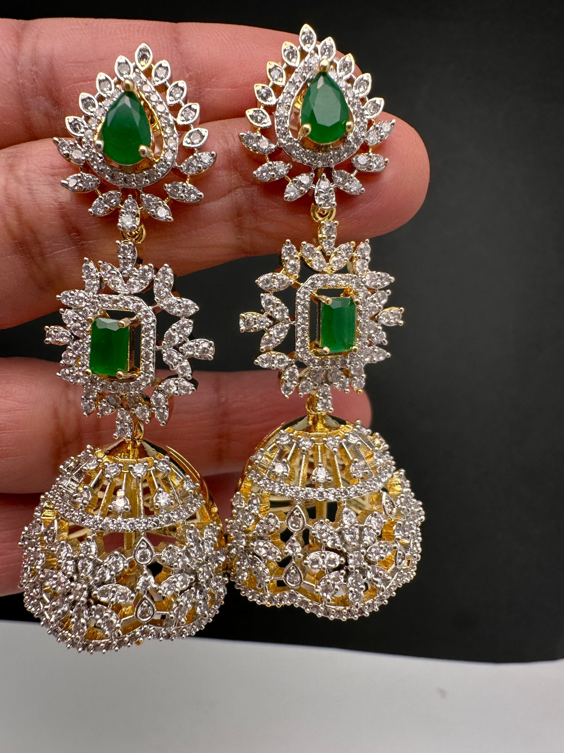 Diamond Color Stone Jhumka Earings - Green
