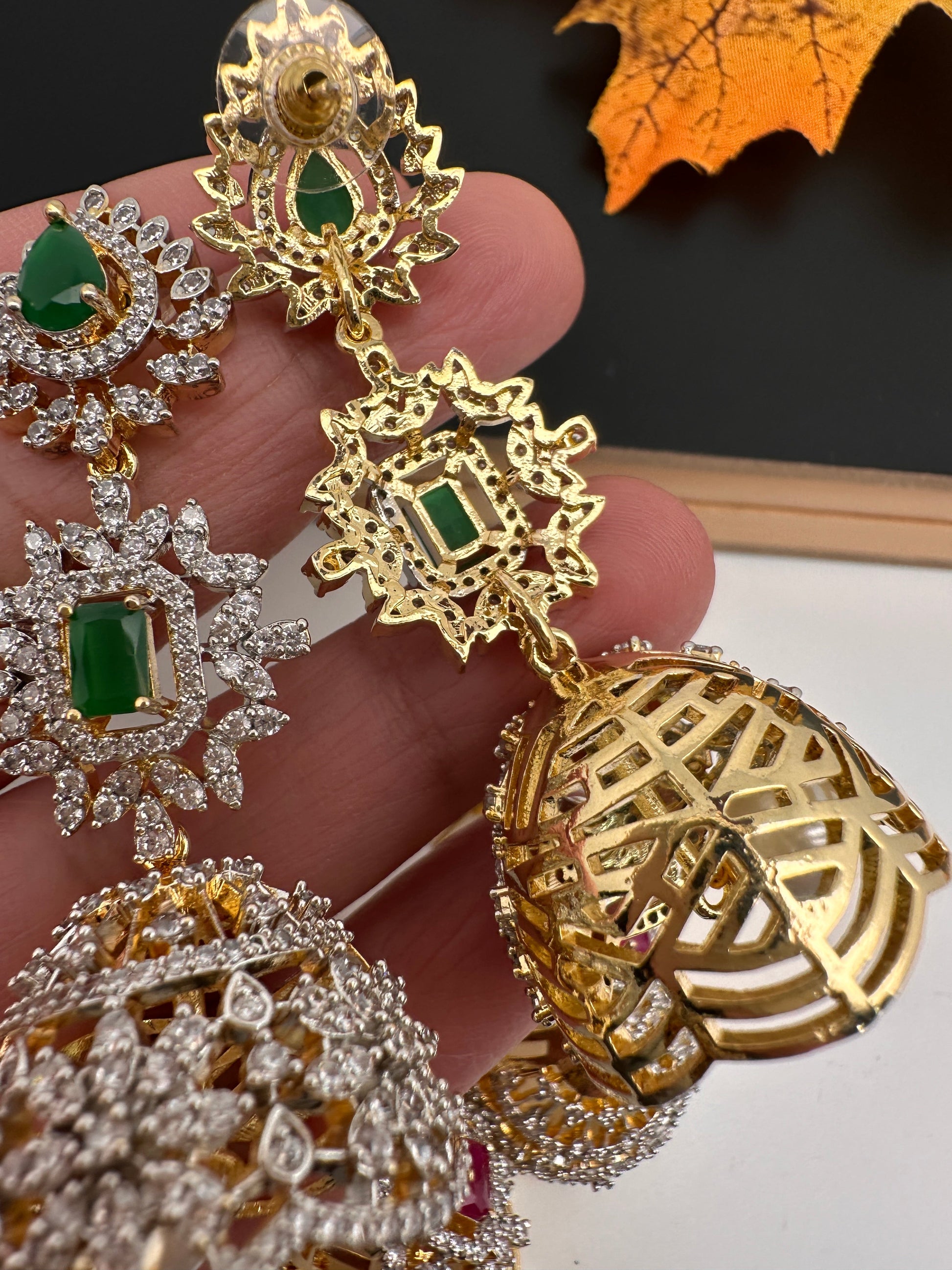Diamond Color Stone Jhumka Earings - Green