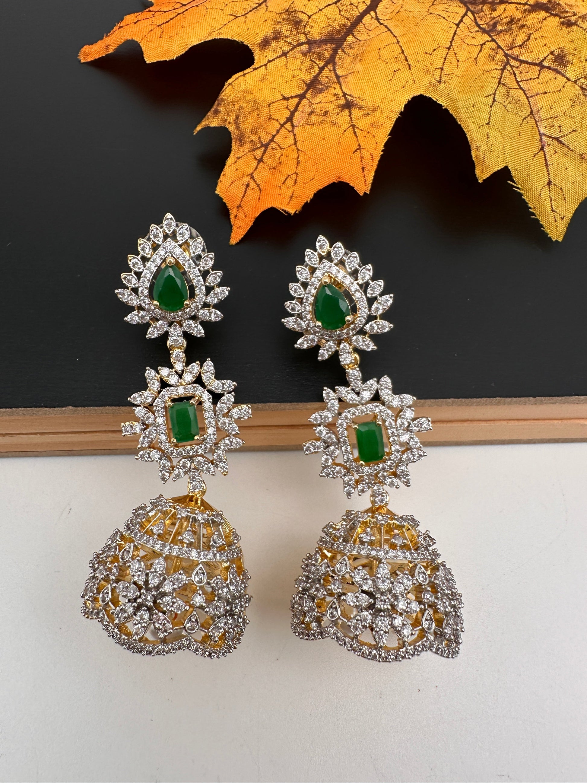 Diamond Color Stone Jhumka Earings - Green