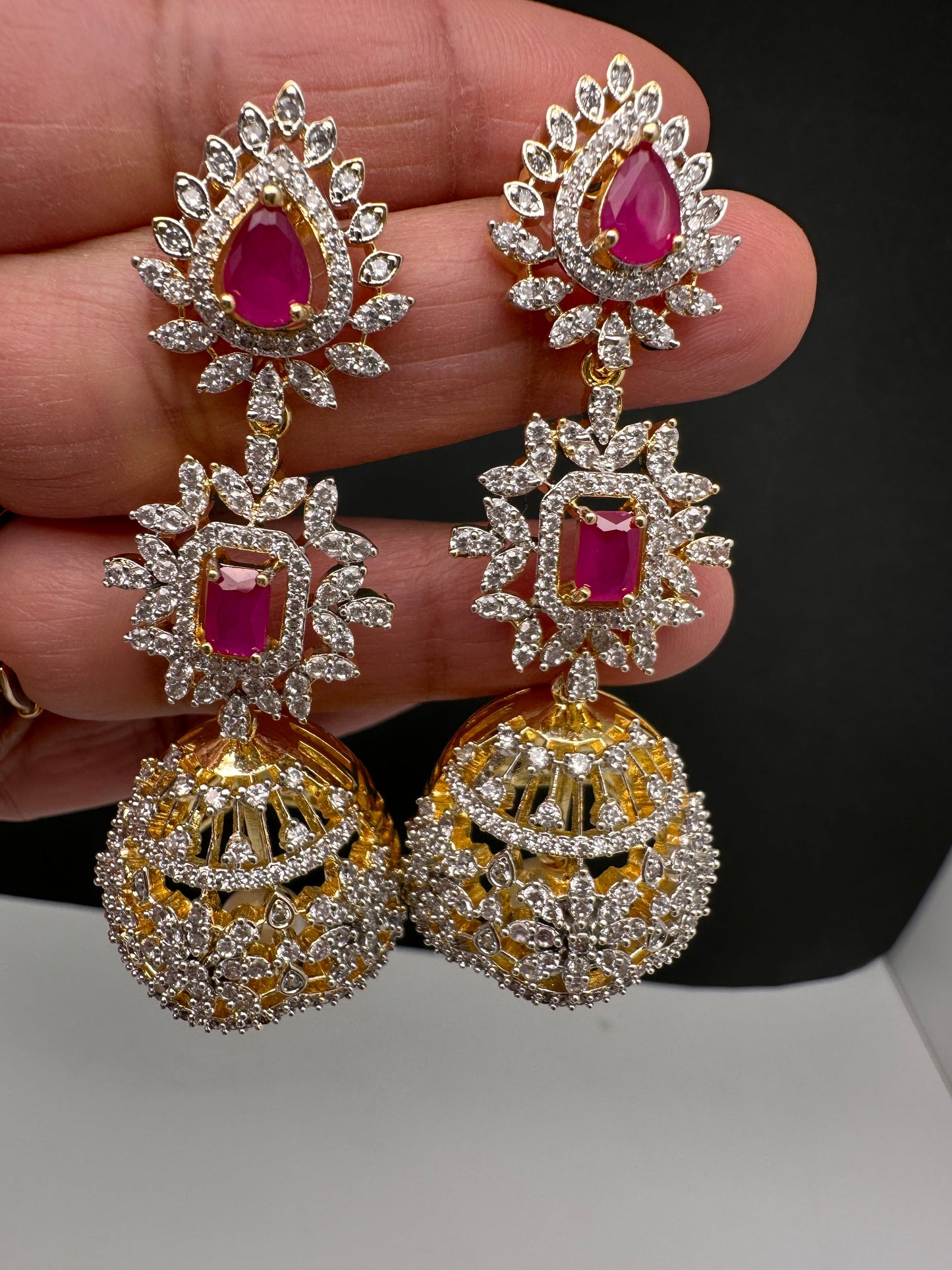 Diamond Color Stone Jhumka Earings - Red