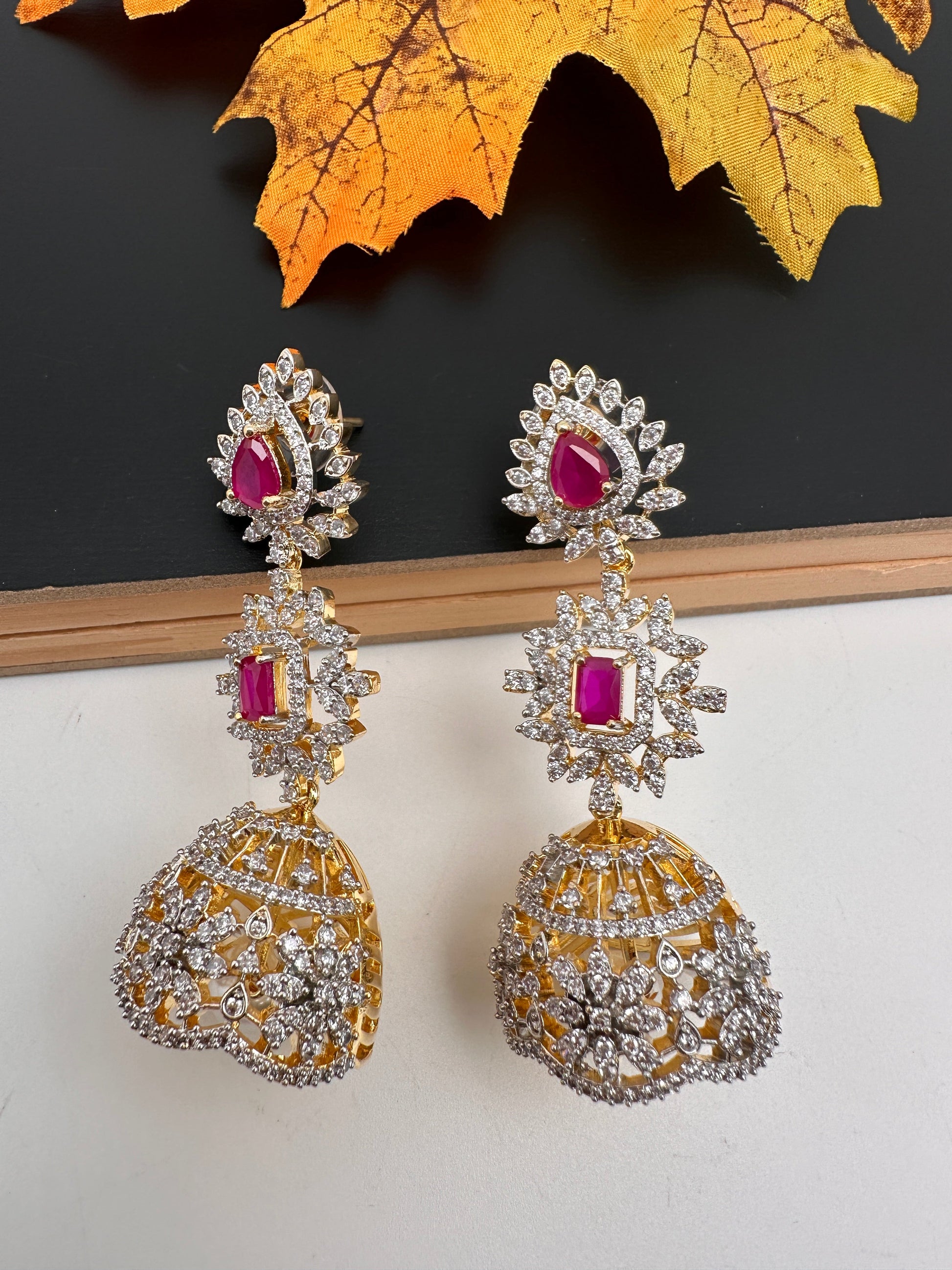 Diamond Color Stone Jhumka Earings - Red