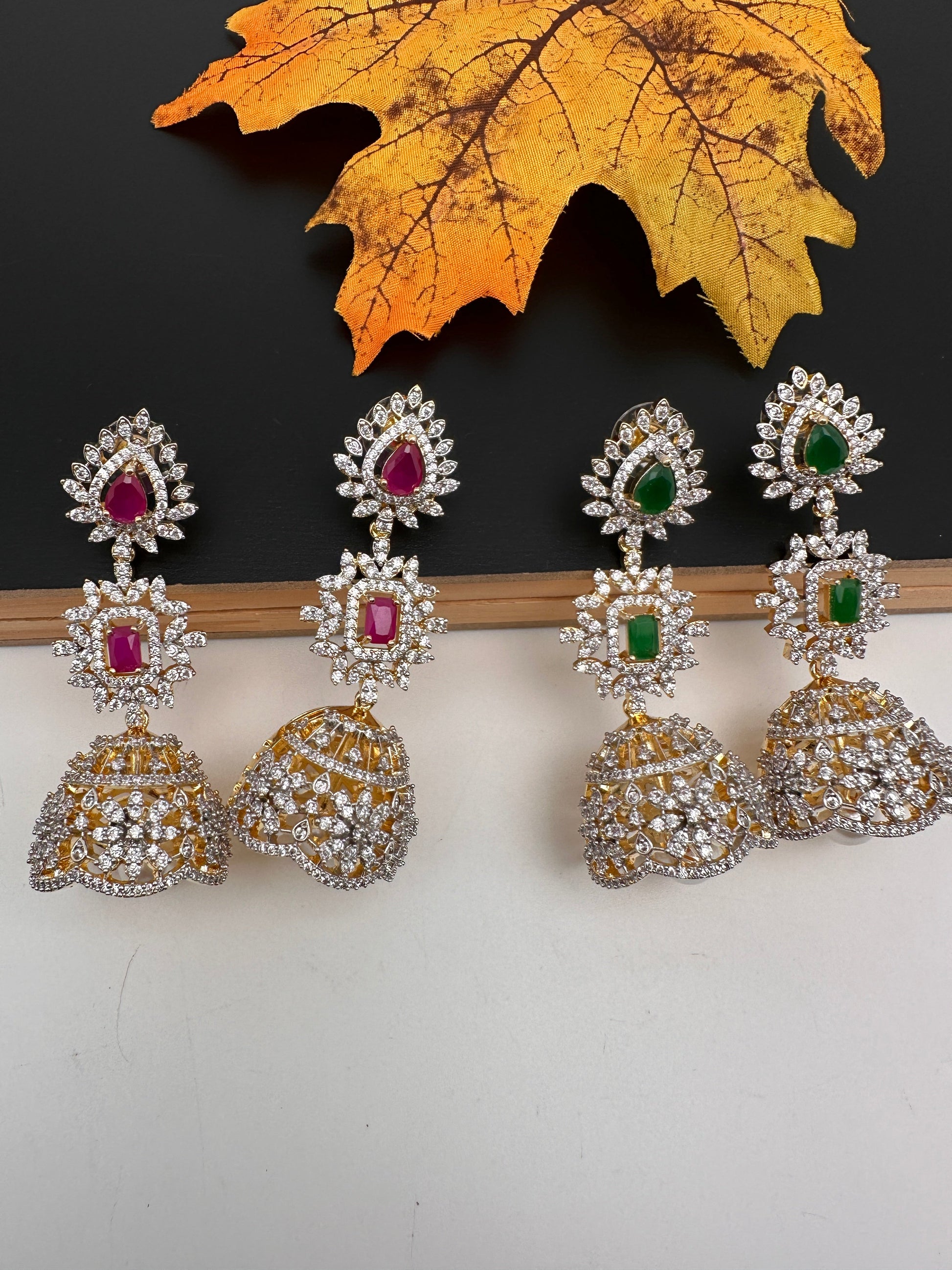 Diamond Color Stone Jhumka Earings - Red
