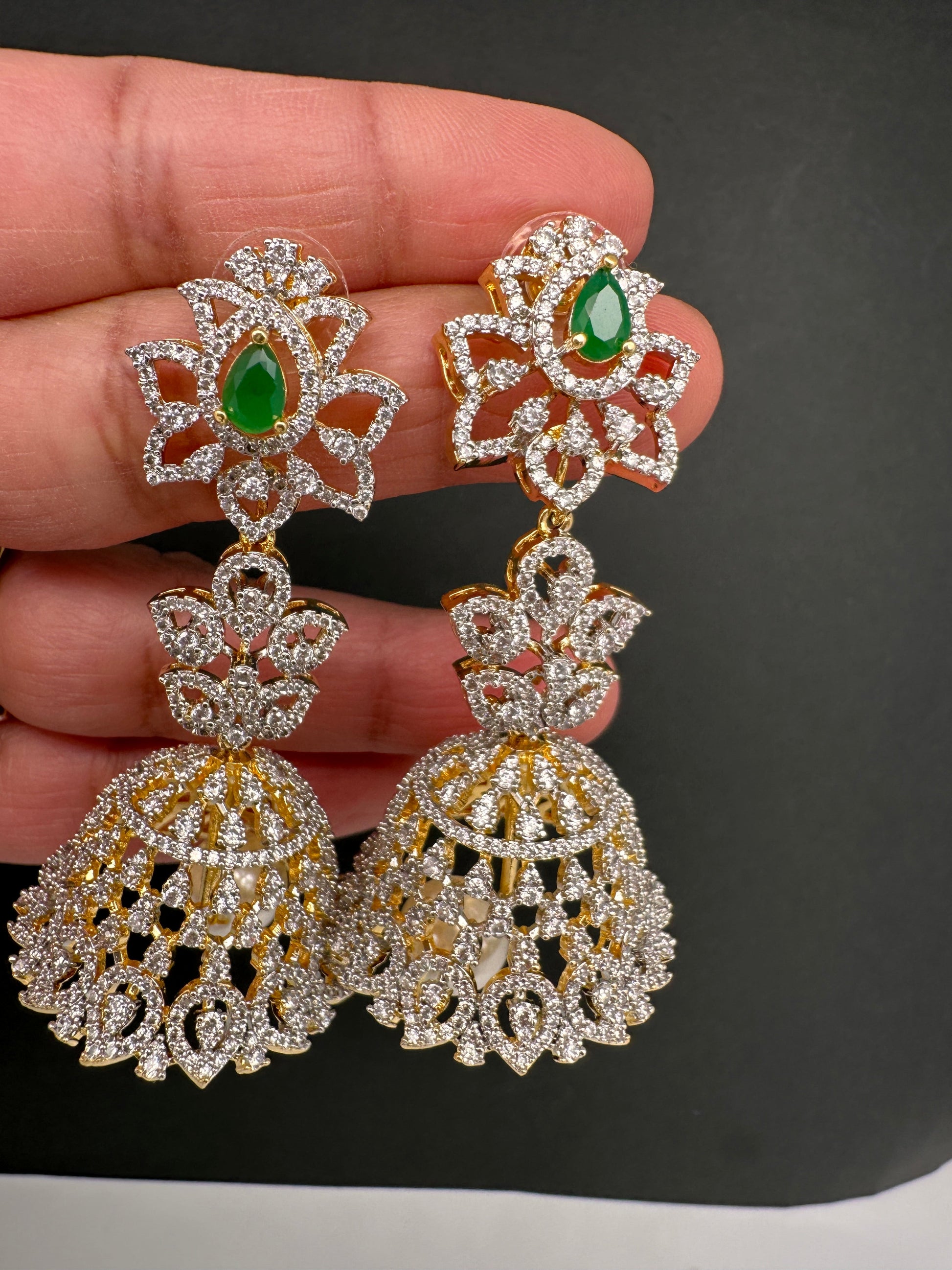 Diamond Color Stone Jhumka Earings - Green