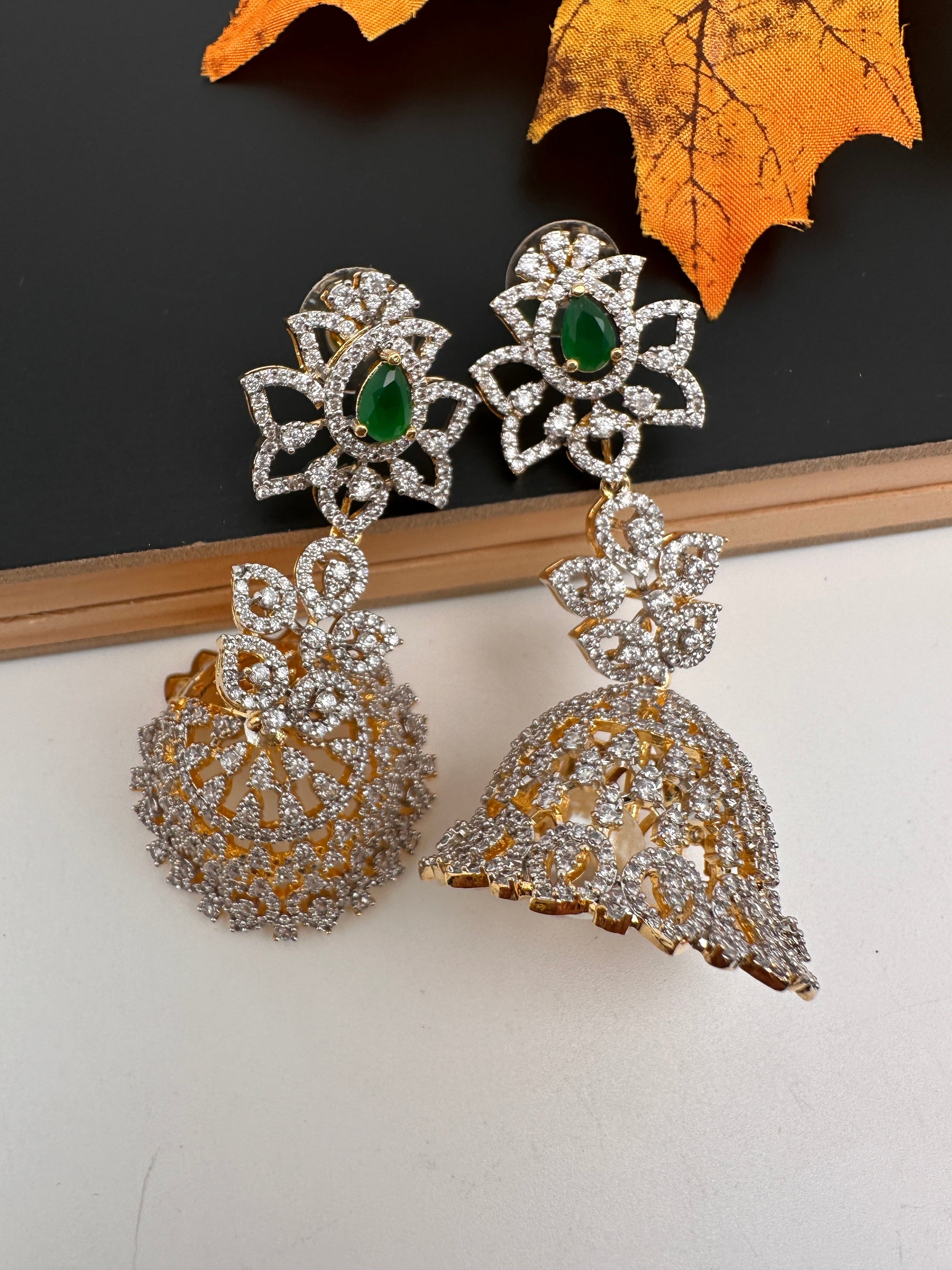 Diamond Color Stone Jhumka Earings - Green