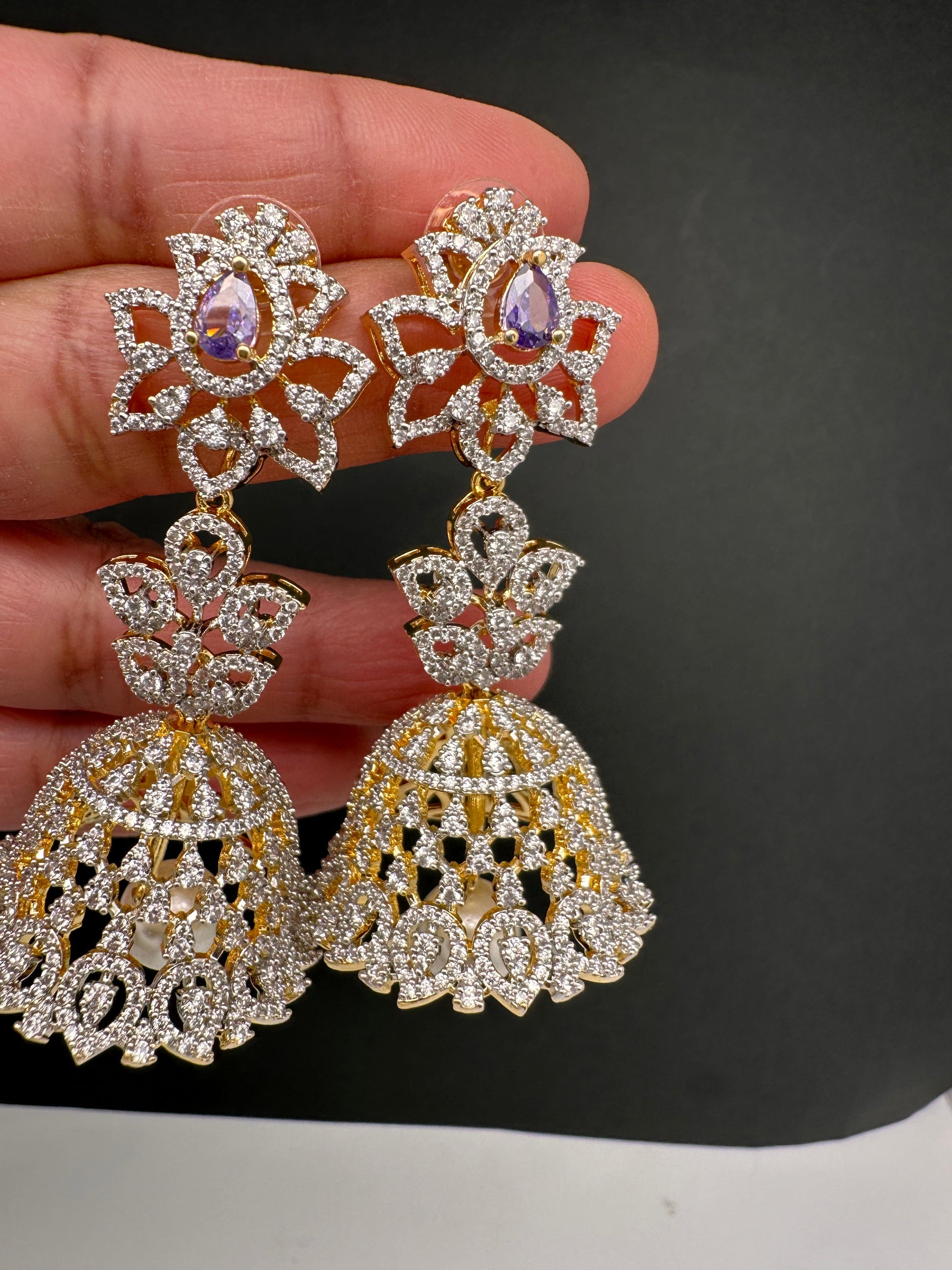 Diamond Color Stone Jhumka Earings - Purple