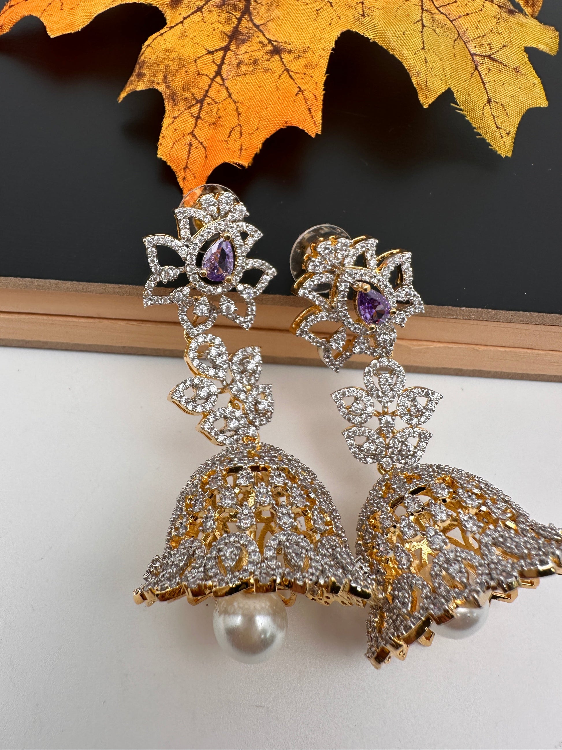 Diamond Color Stone Jhumka Earings - Purple