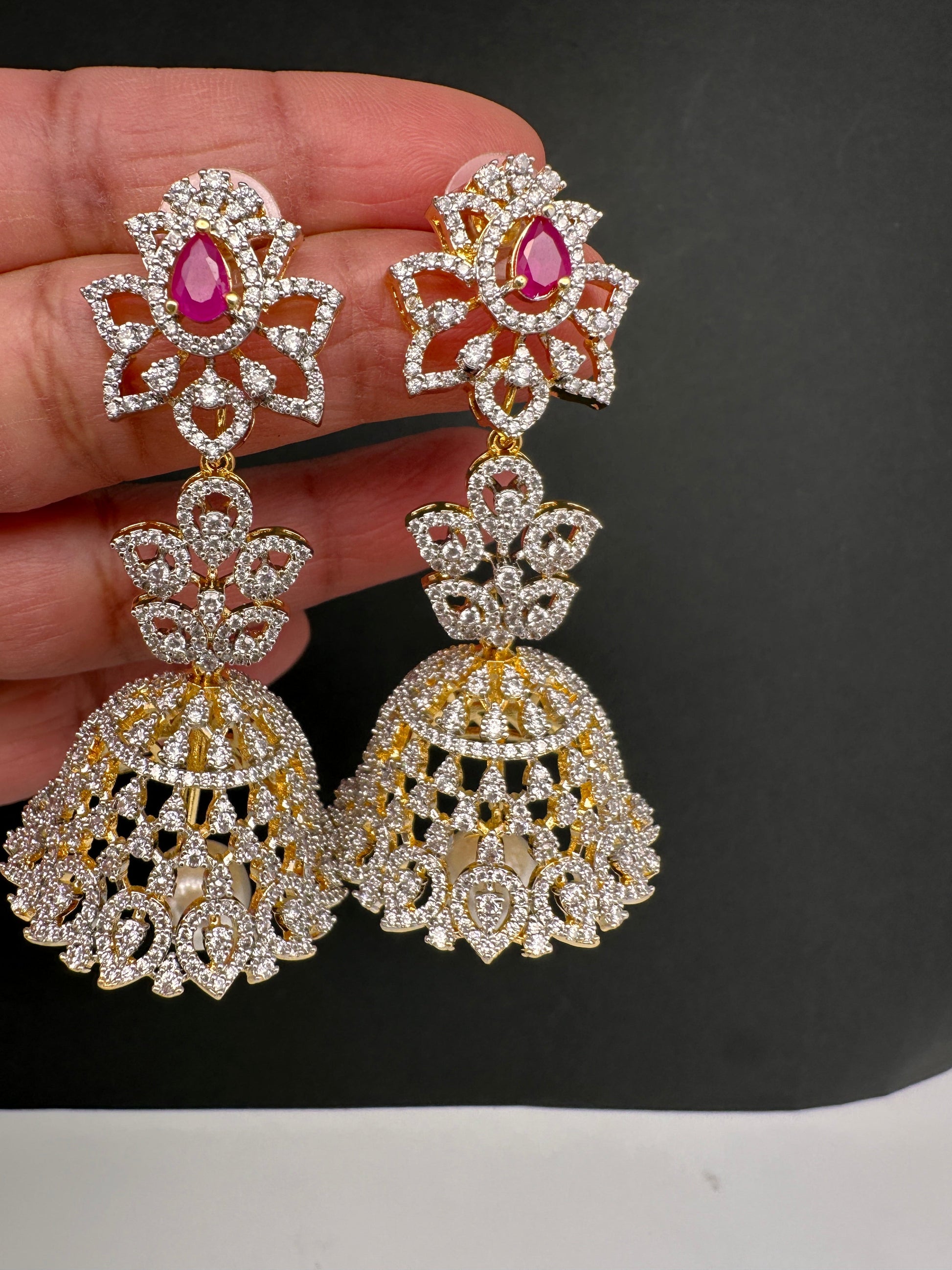Diamond Color Stone Jhumka Earings - Red