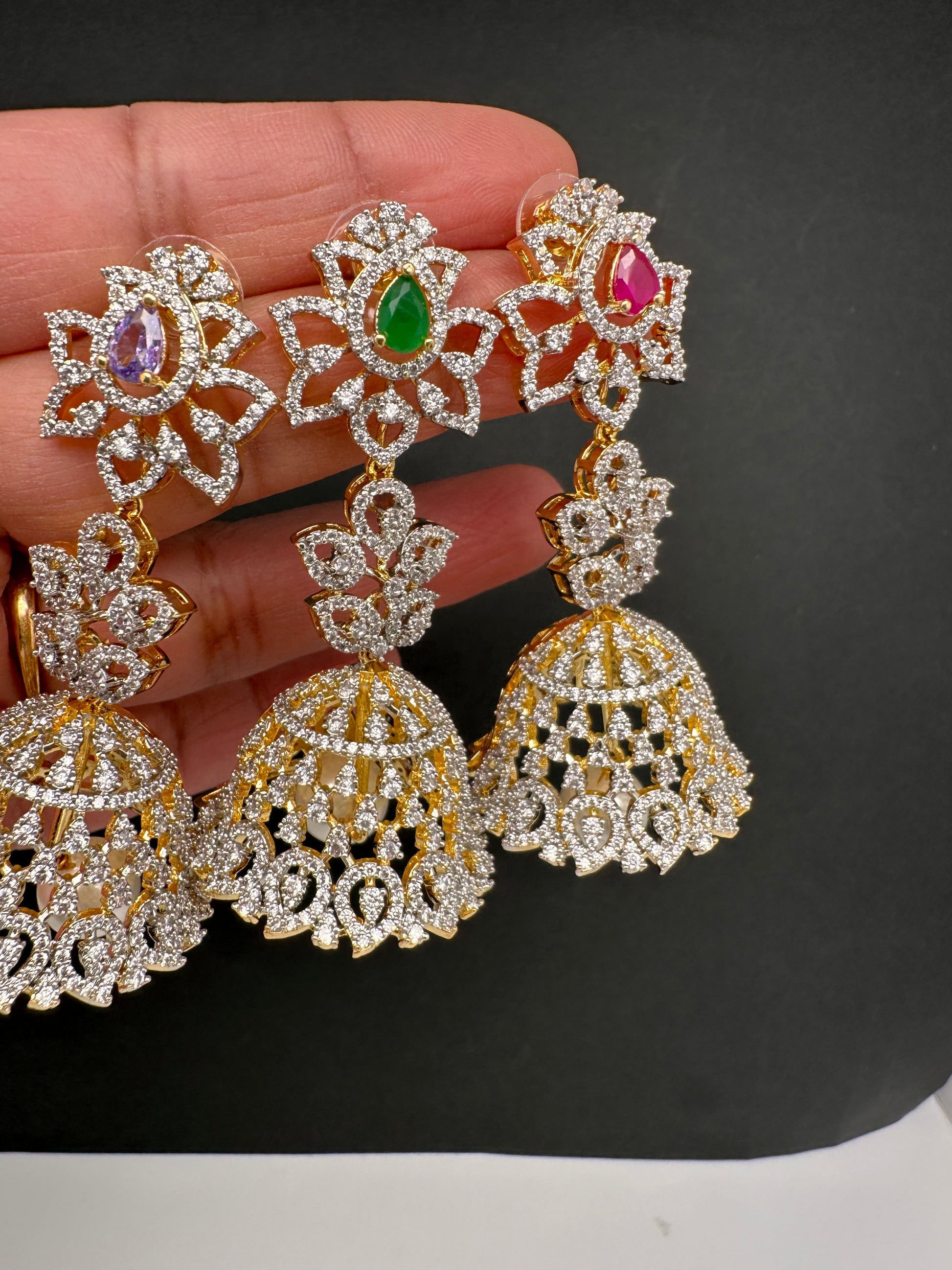 Diamond Color Stone Jhumka Earings - Red