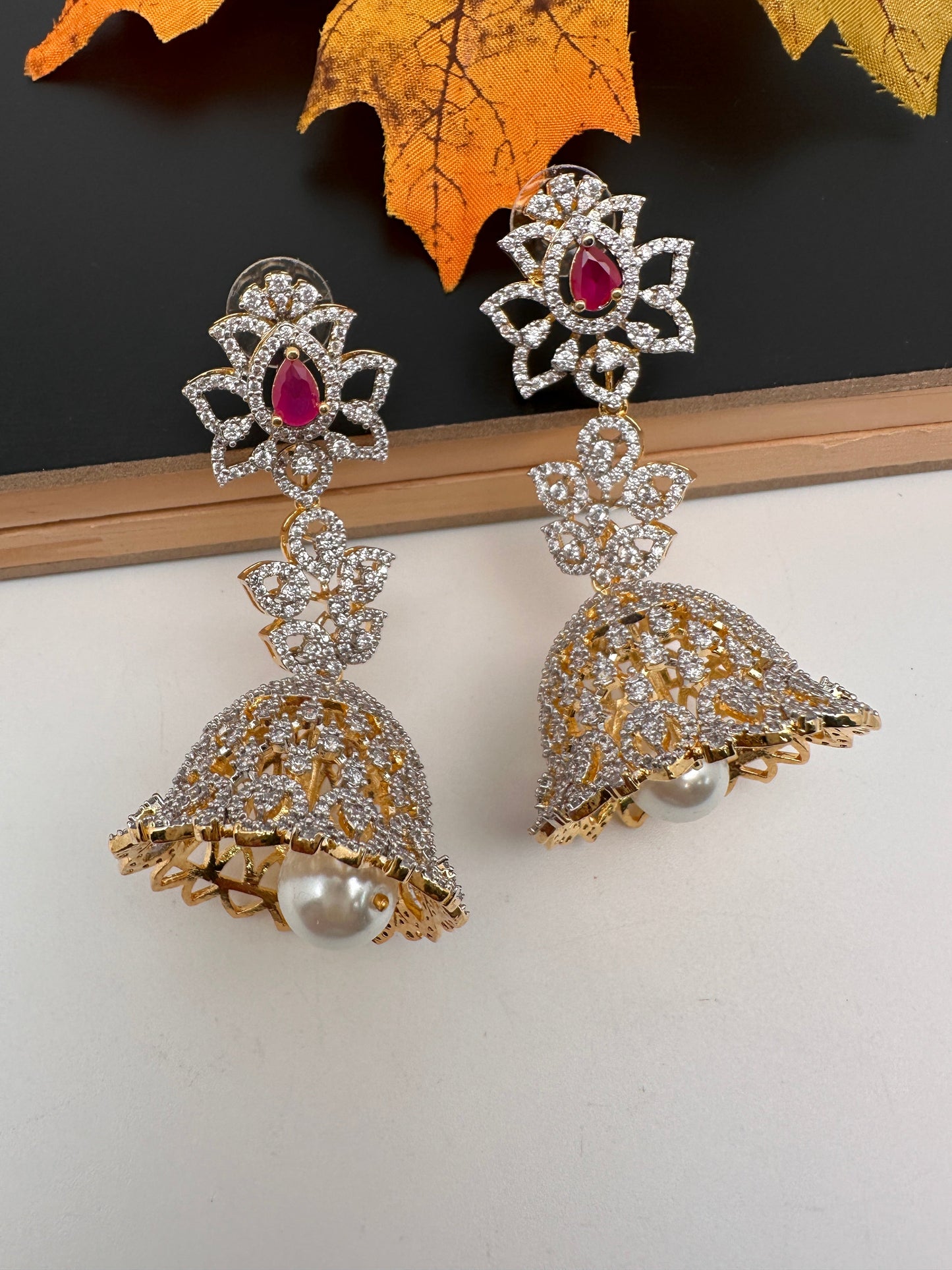 Diamond Color Stone Jhumka Earings - Red