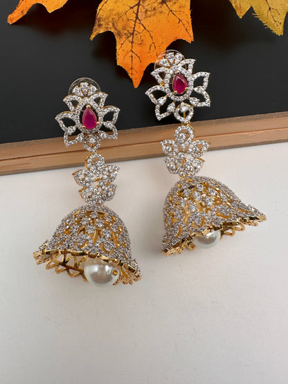 Diamond Color Stone Jhumka Earings - Red