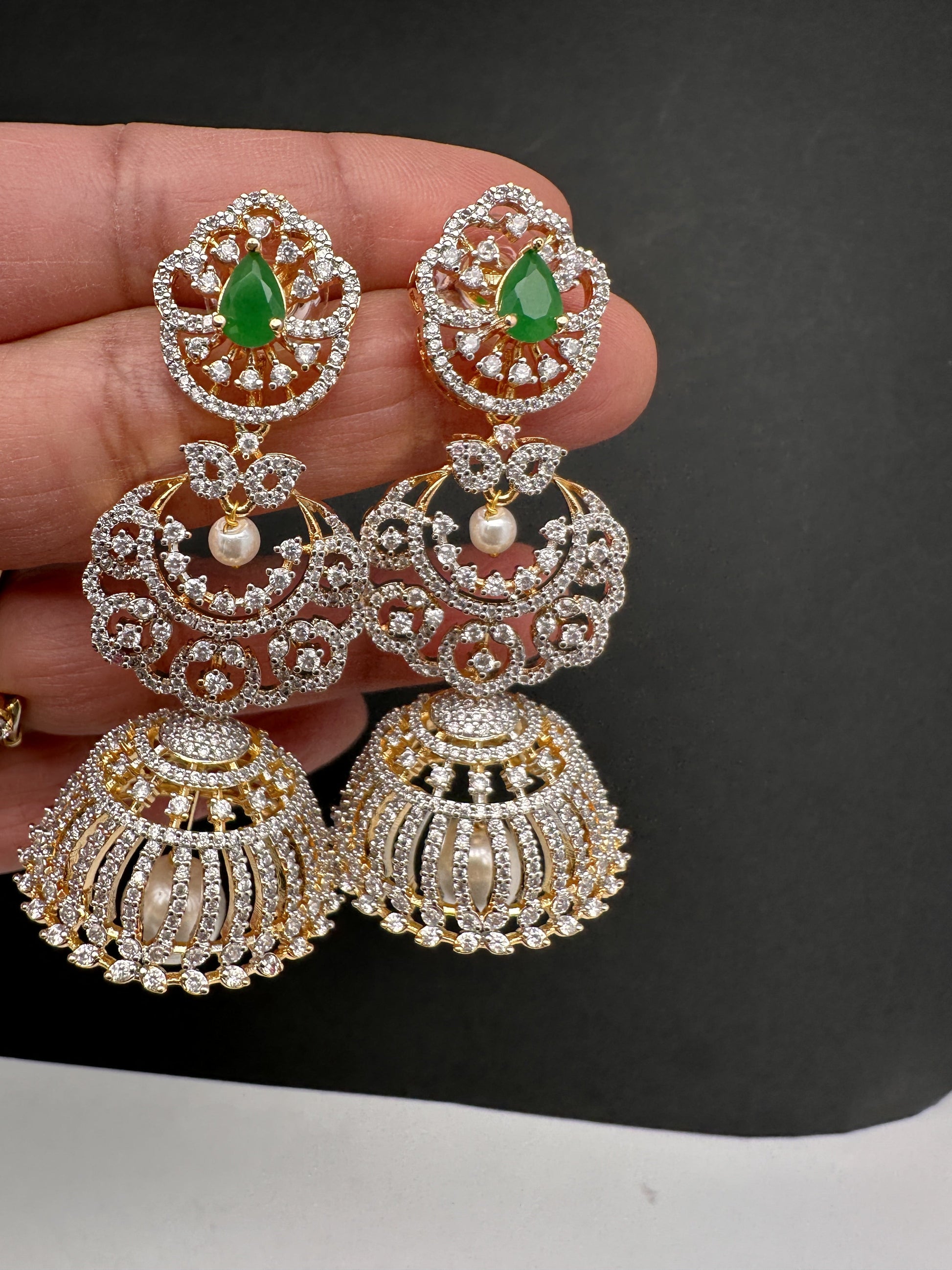 Diamond Color Stone Jhumka Earings - Green