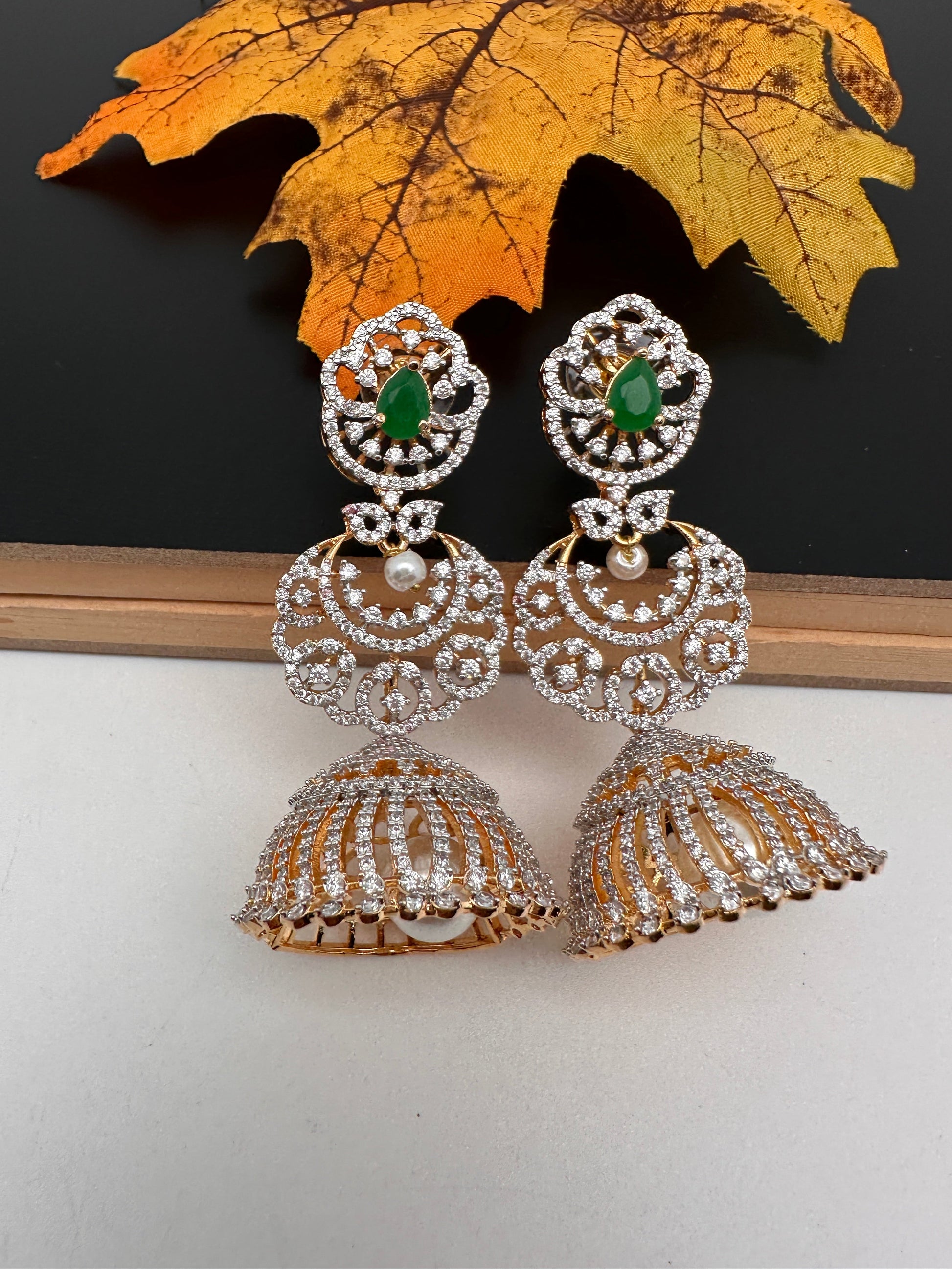 Diamond Color Stone Jhumka Earings - Green
