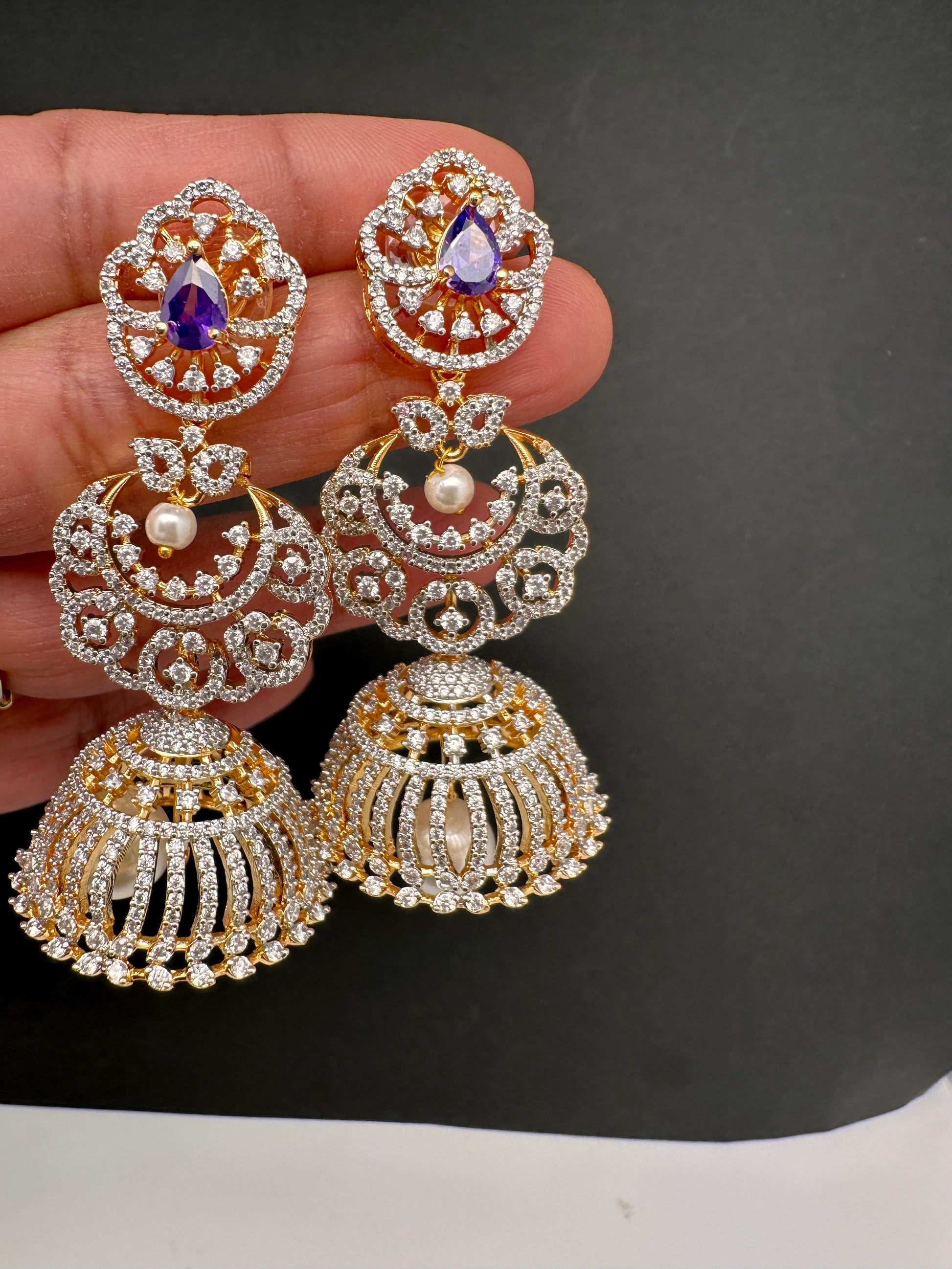 Diamond Color Stone Jhumka Earings - Purple