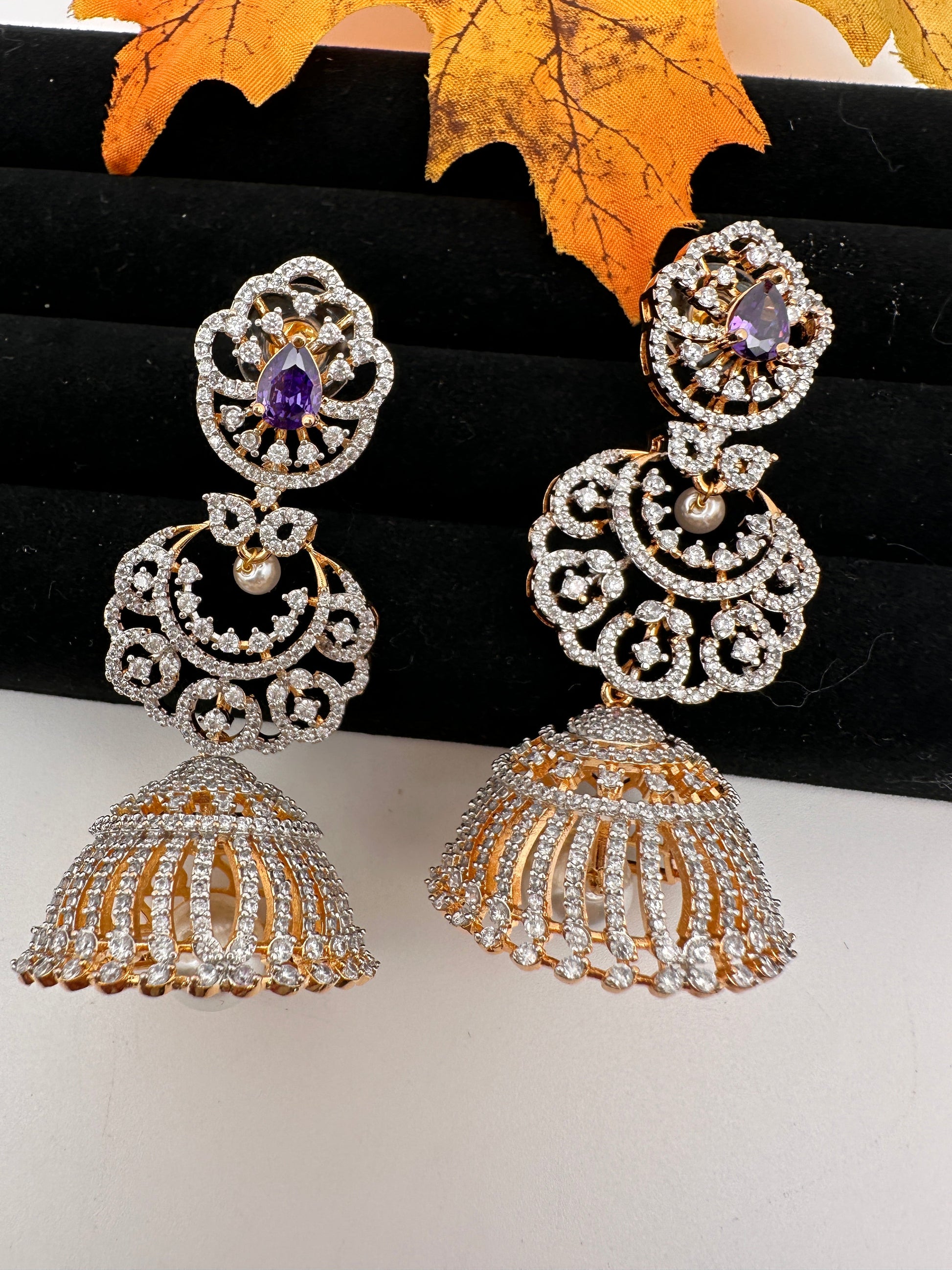 Diamond Color Stone Jhumka Earings - Purple