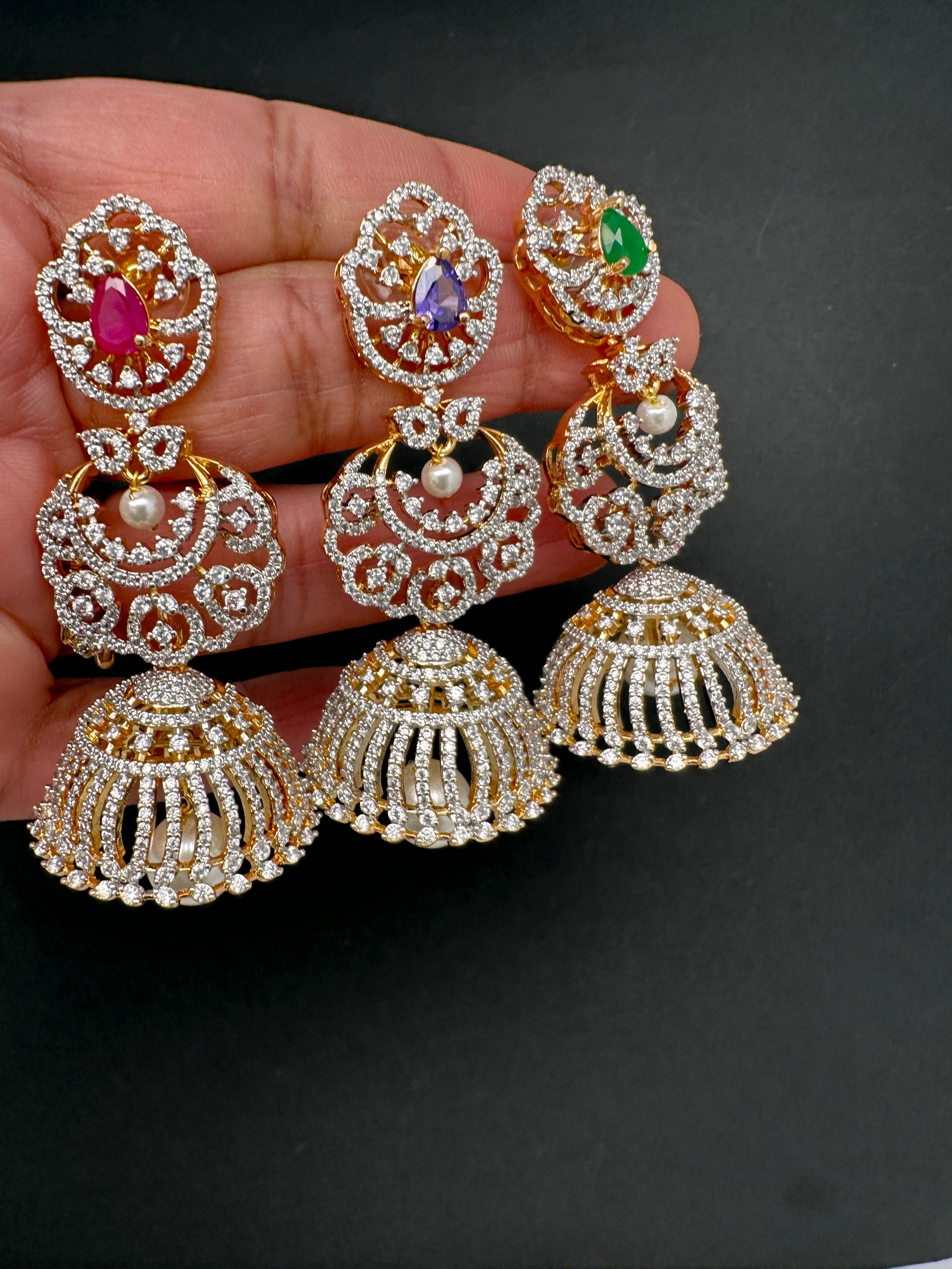 Diamond Color Stone Jhumka Earings - Red