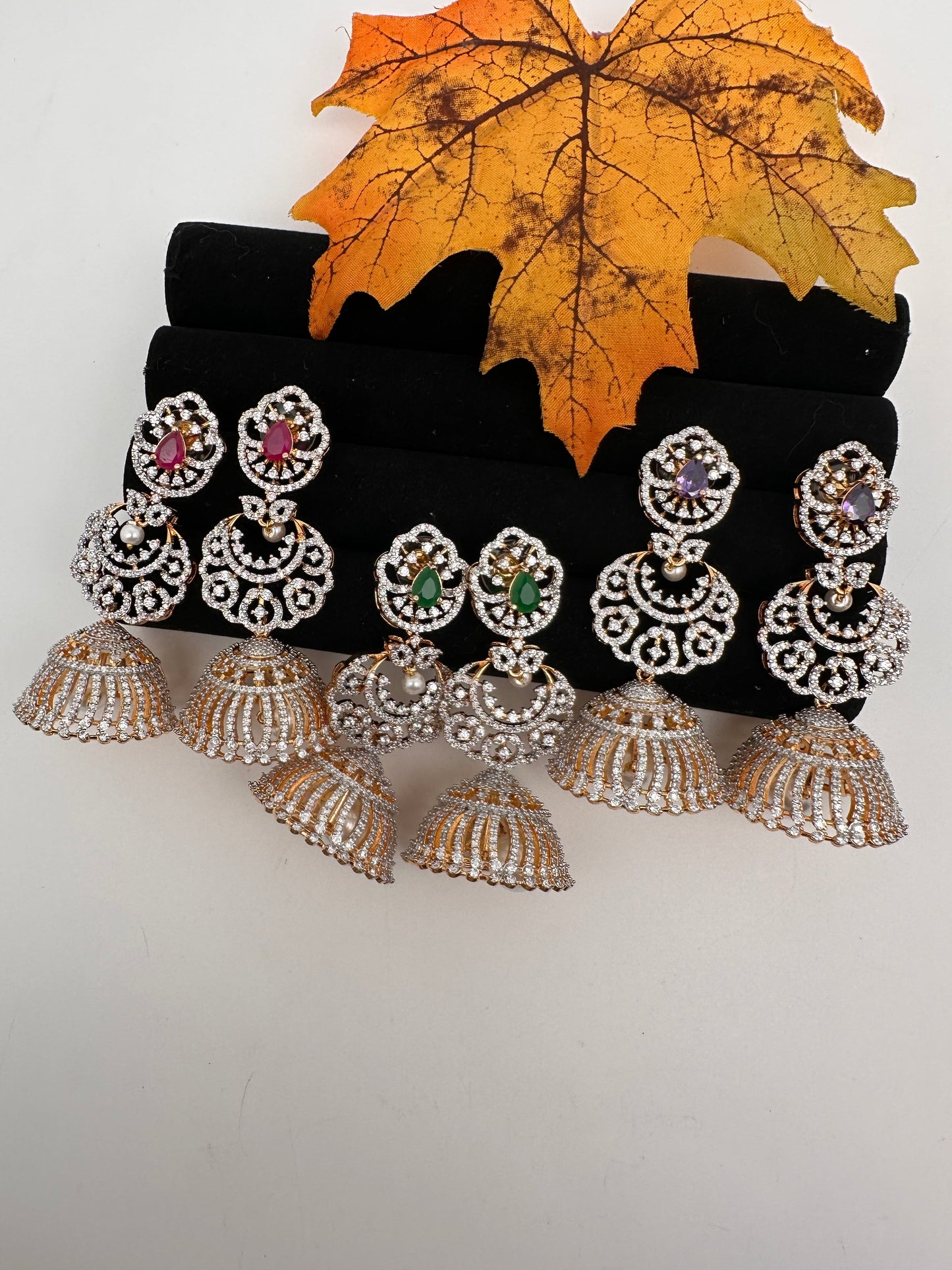 Diamond Color Stone Jhumka Earings - Red