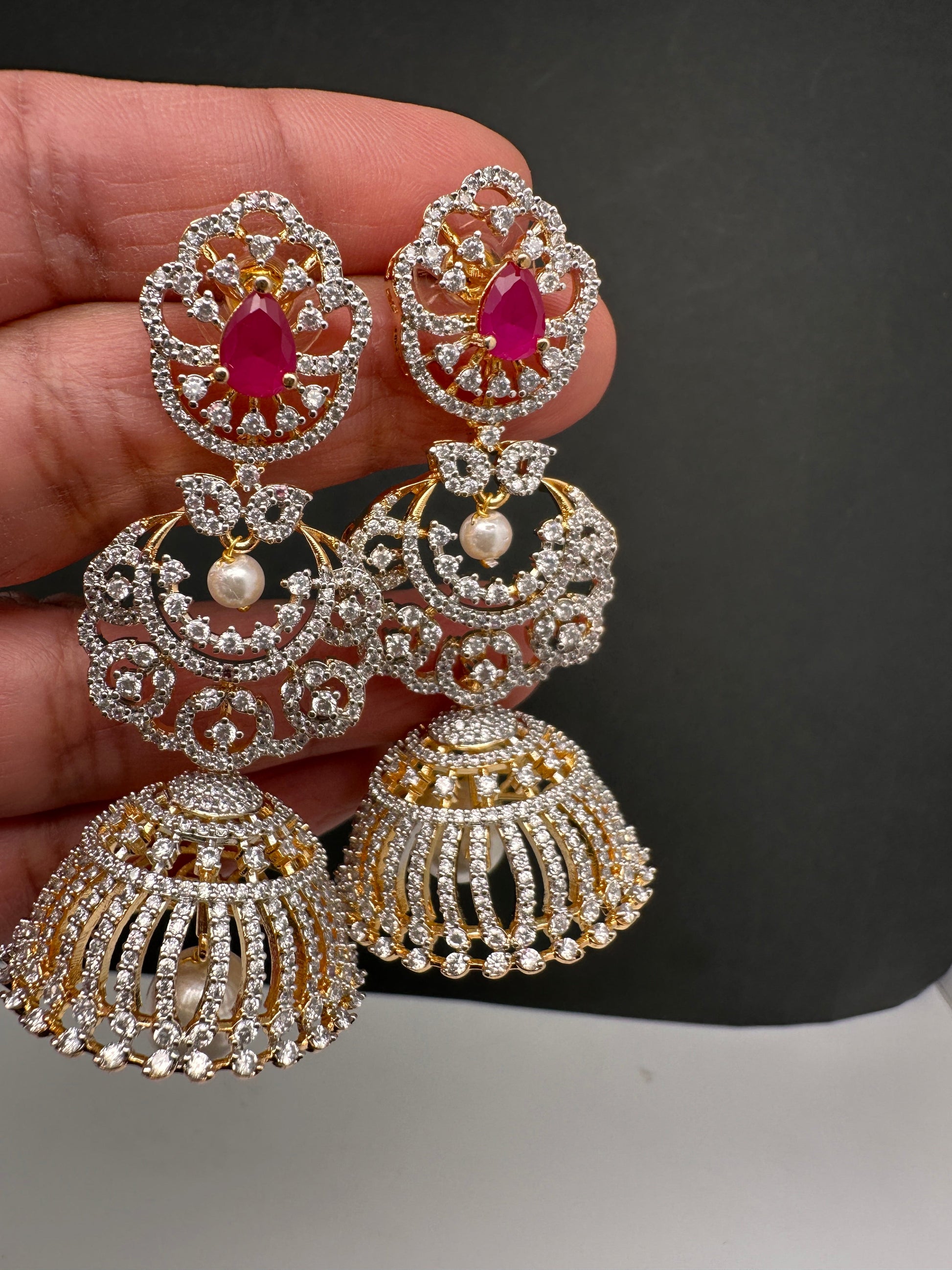 Diamond Color Stone Jhumka Earings - Red