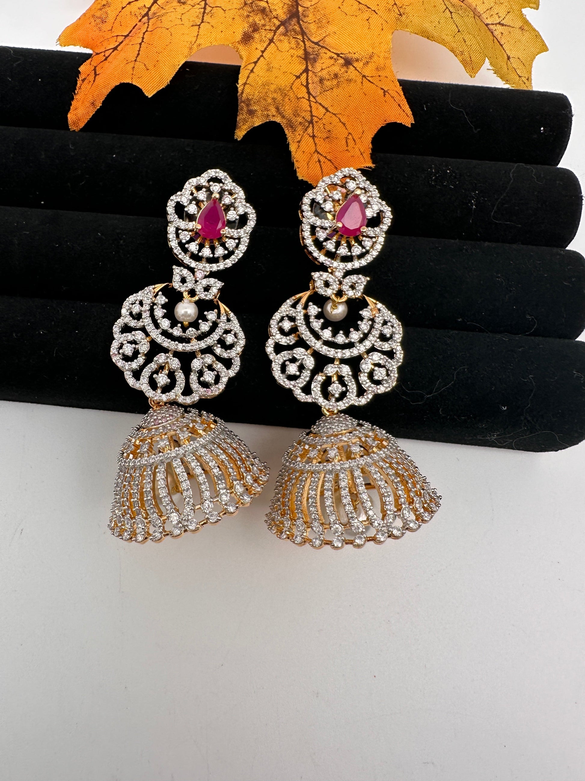 Diamond Color Stone Jhumka Earings - Red