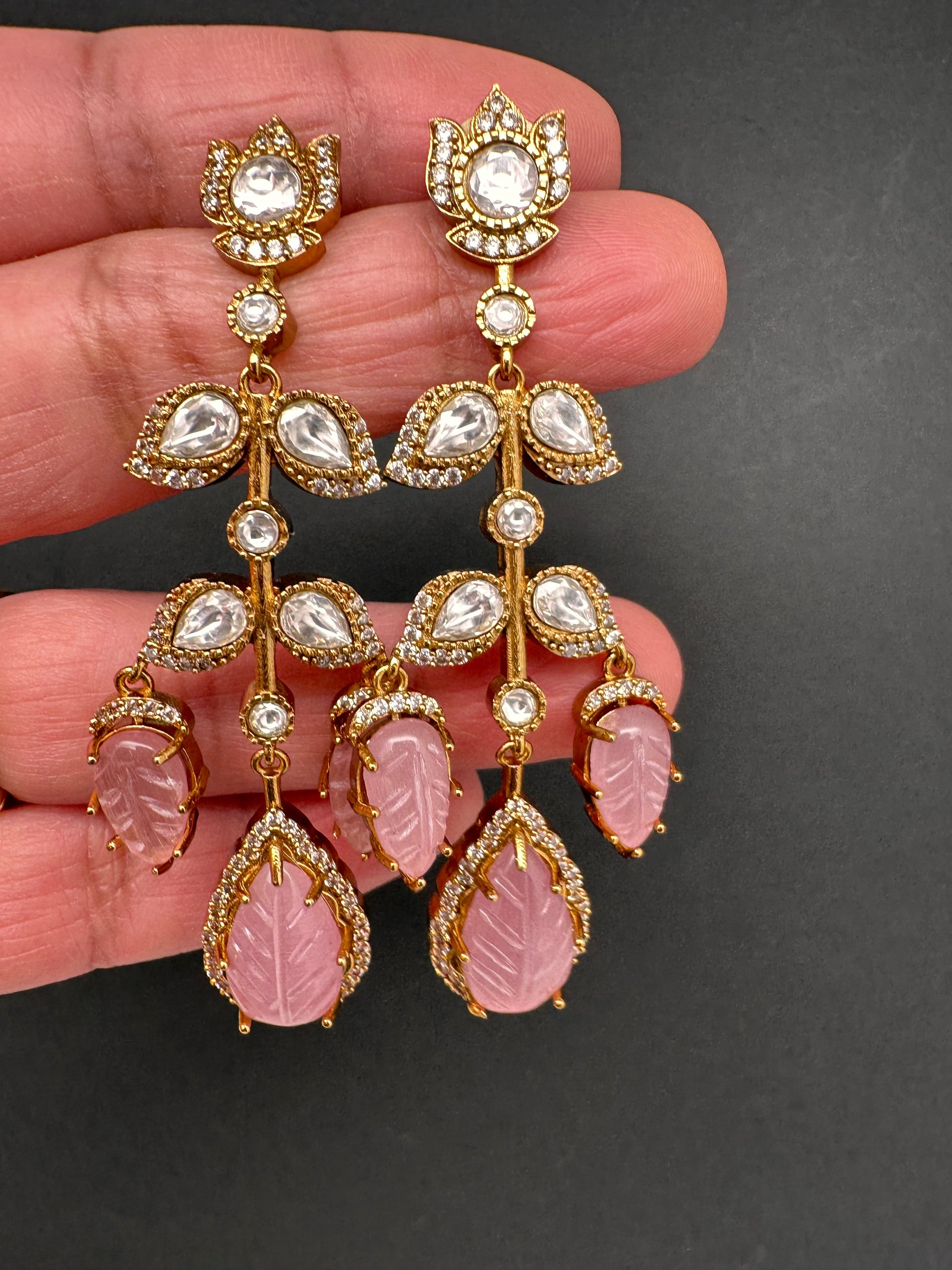 Victorian Carved Stone Color Stone Earings - Pink