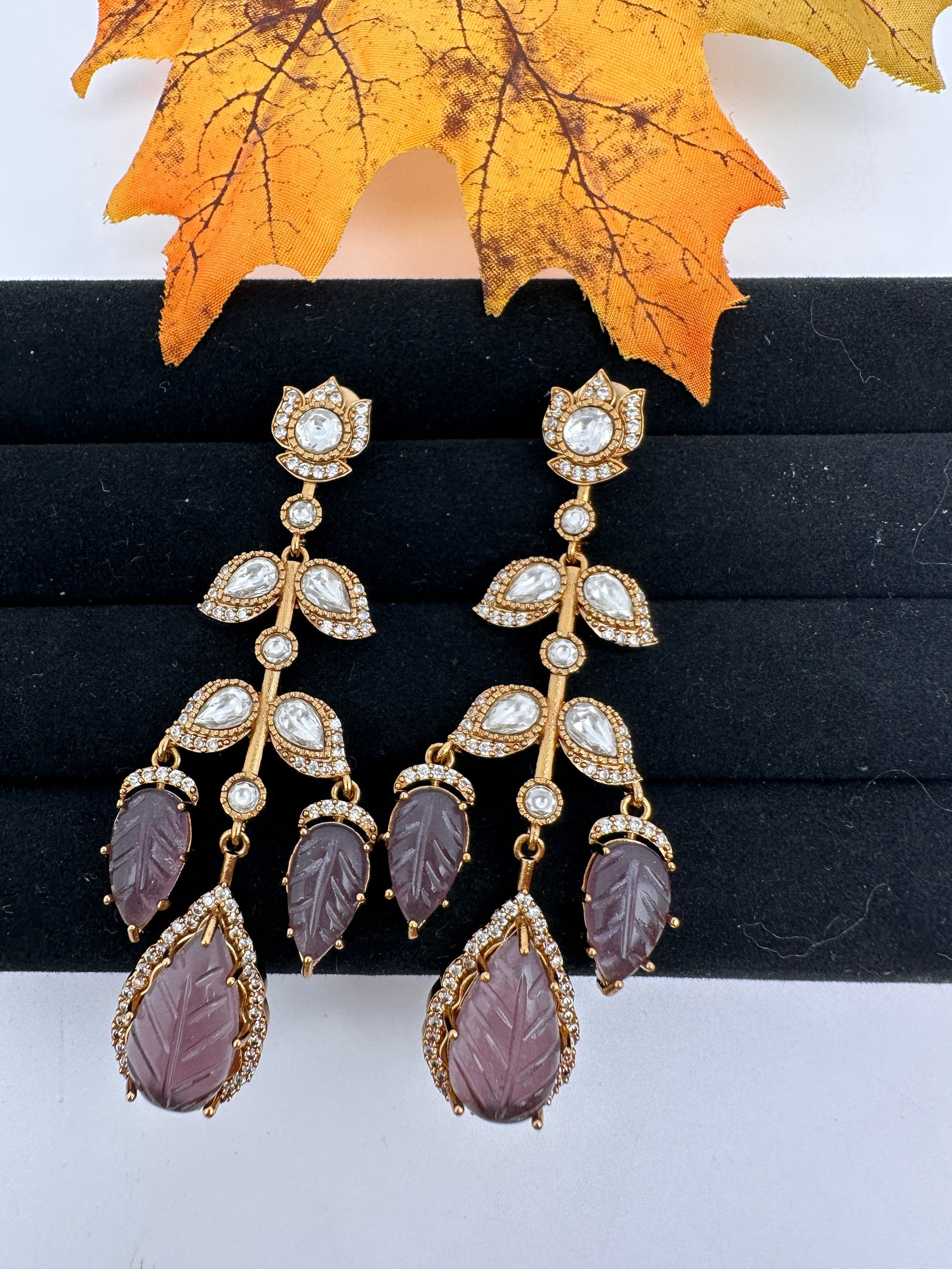 Victorian Carved Stone Color Stone Earings - Purple