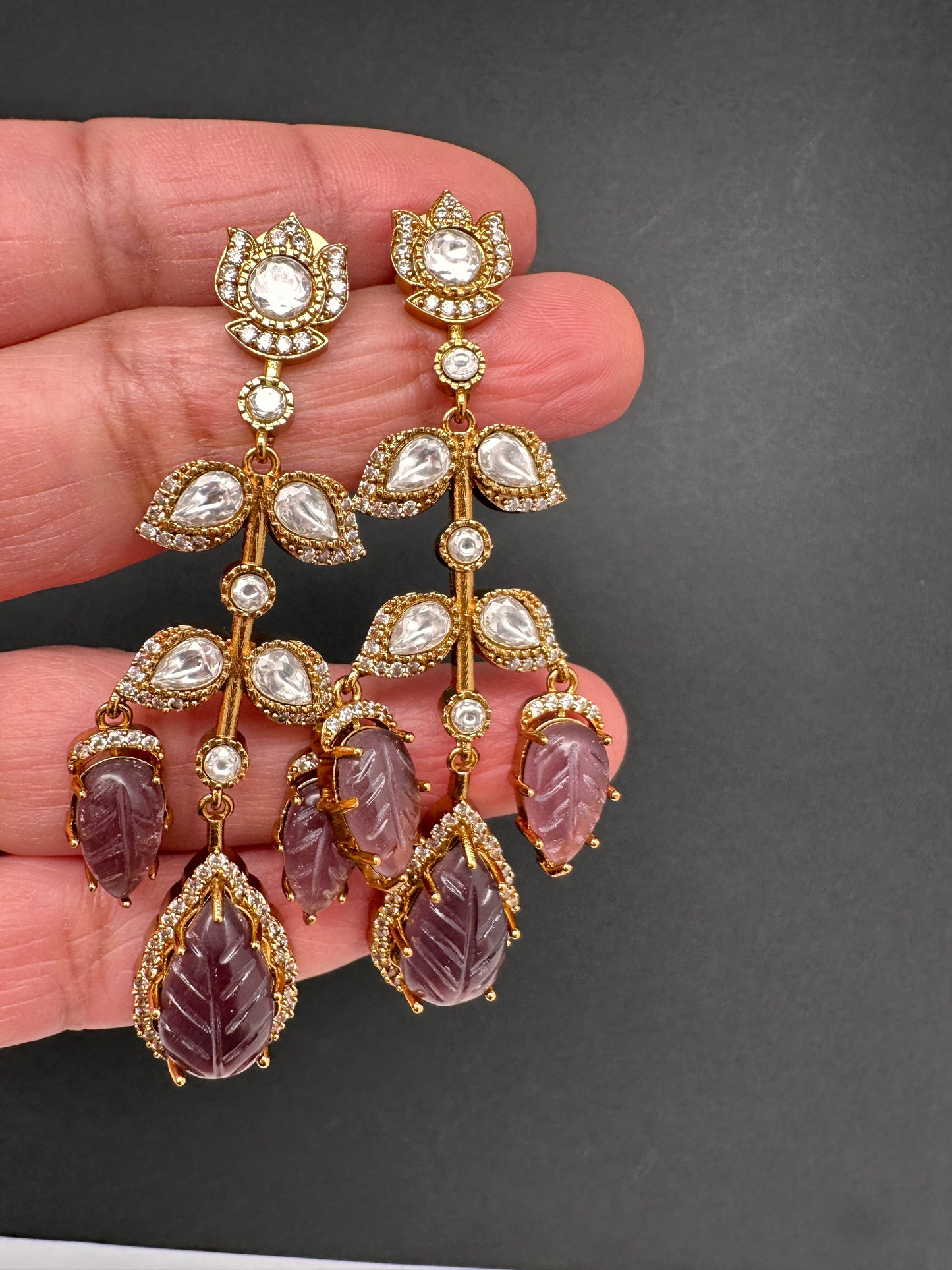 Victorian Carved Stone Color Stone Earings - Purple