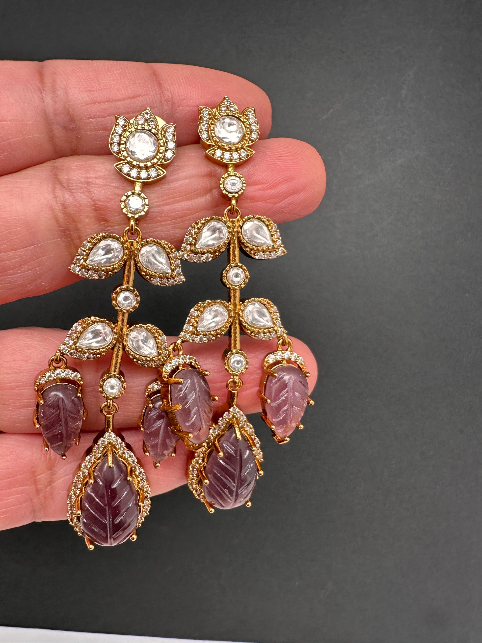 Victorian Carved Stone Color Stone Earings - Purple