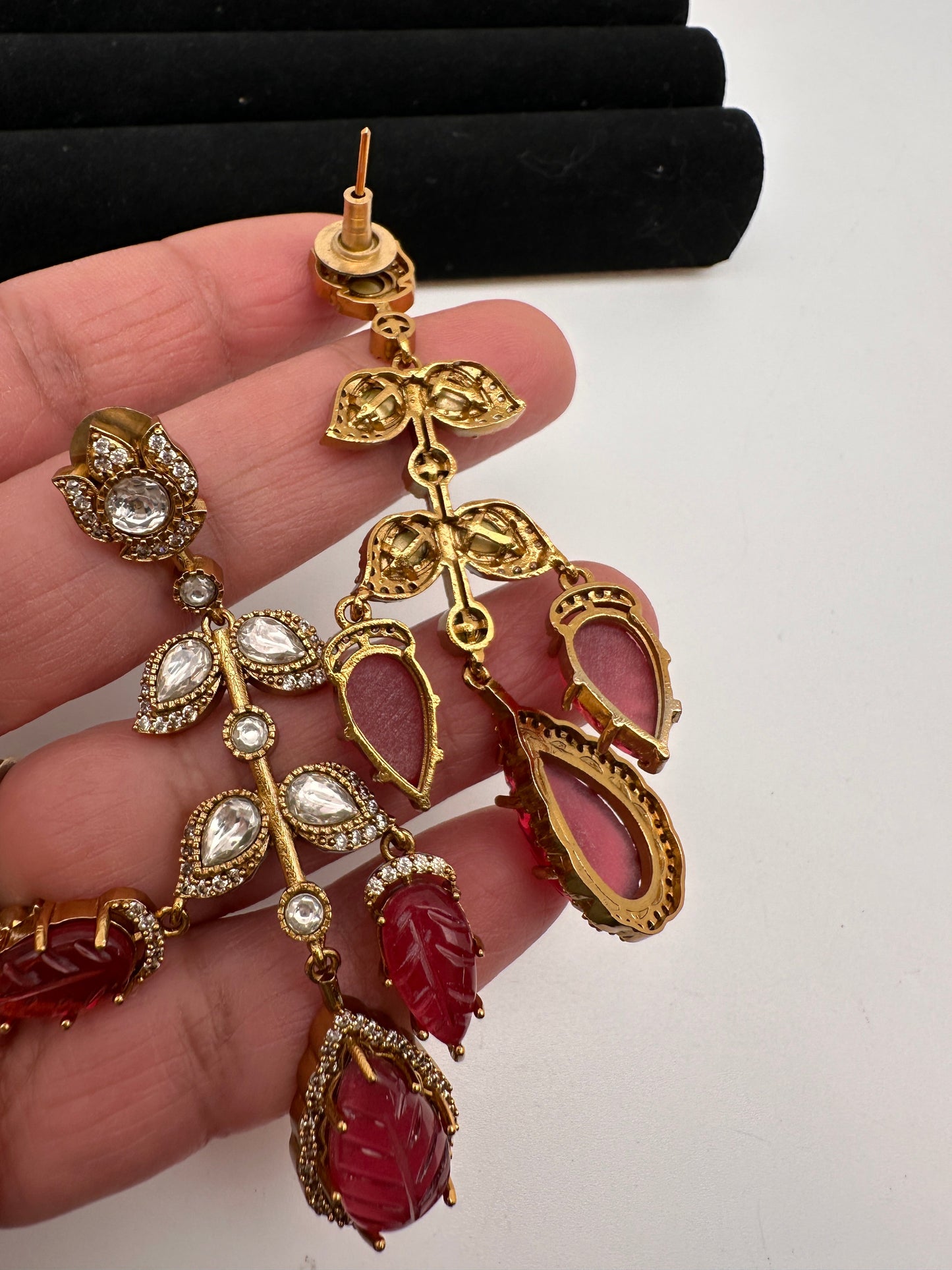 Victorian Carved Stone Color Stone Earings - Red