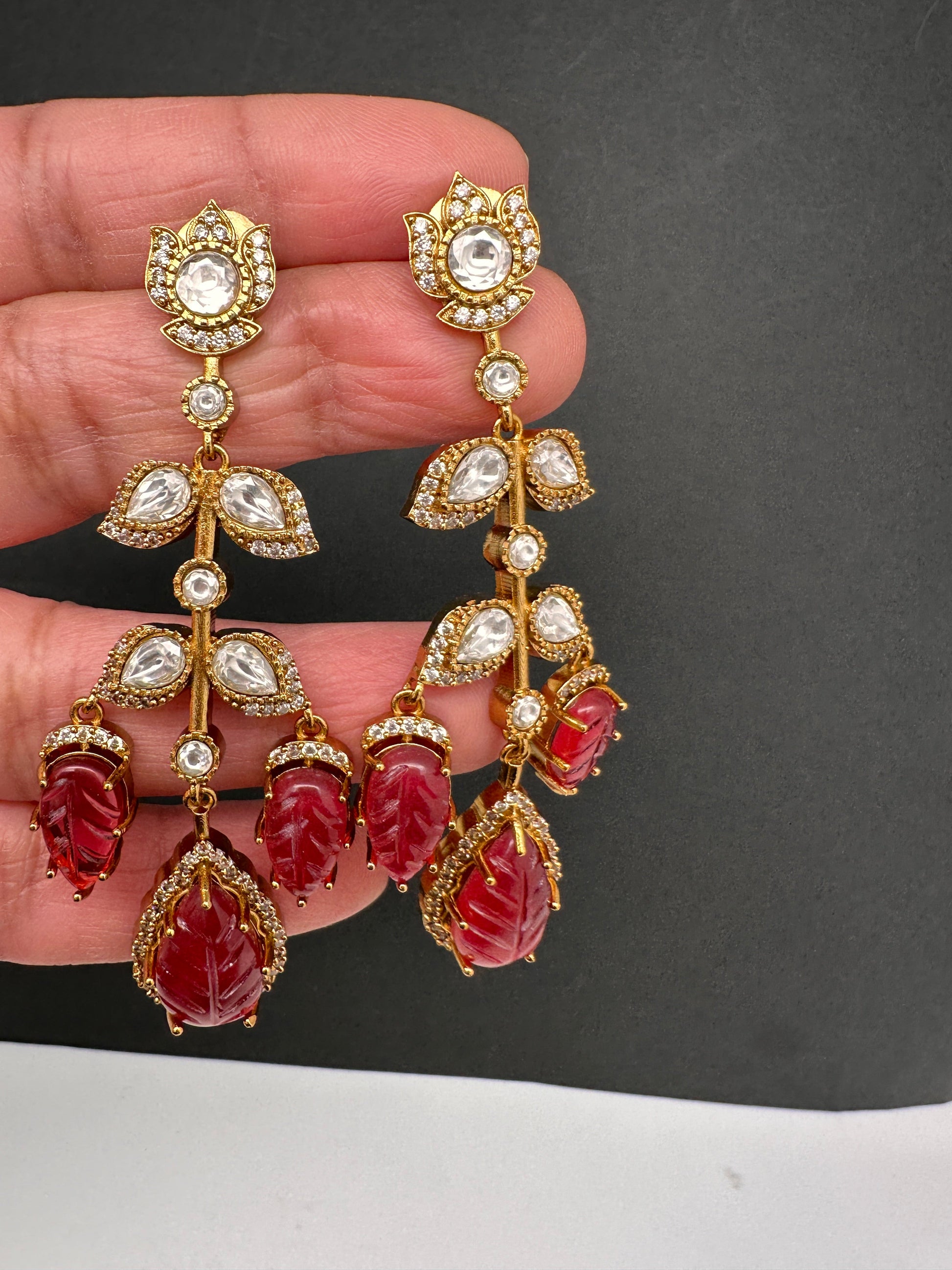 Victorian Carved Stone Color Stone Earings - Red