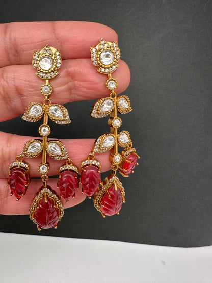 Victorian Carved Stone Color Stone Earings - Red