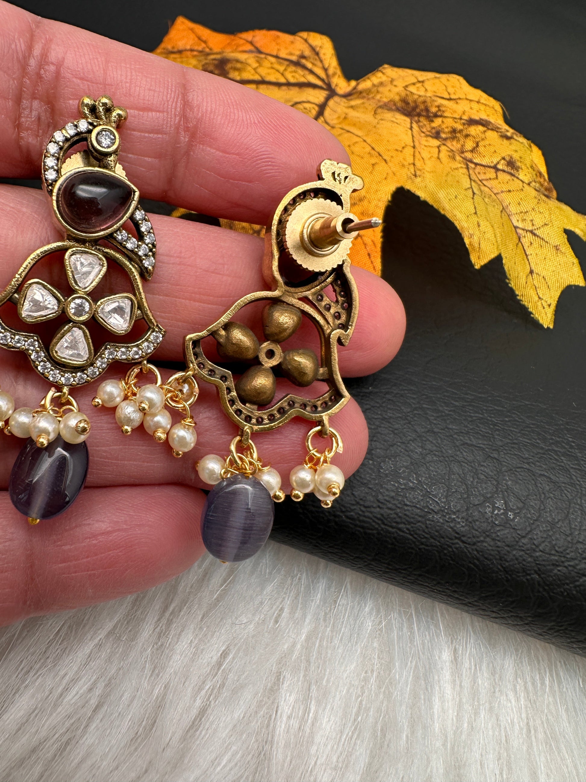 Victorian Carved Stone Color Stone Earings - Purple