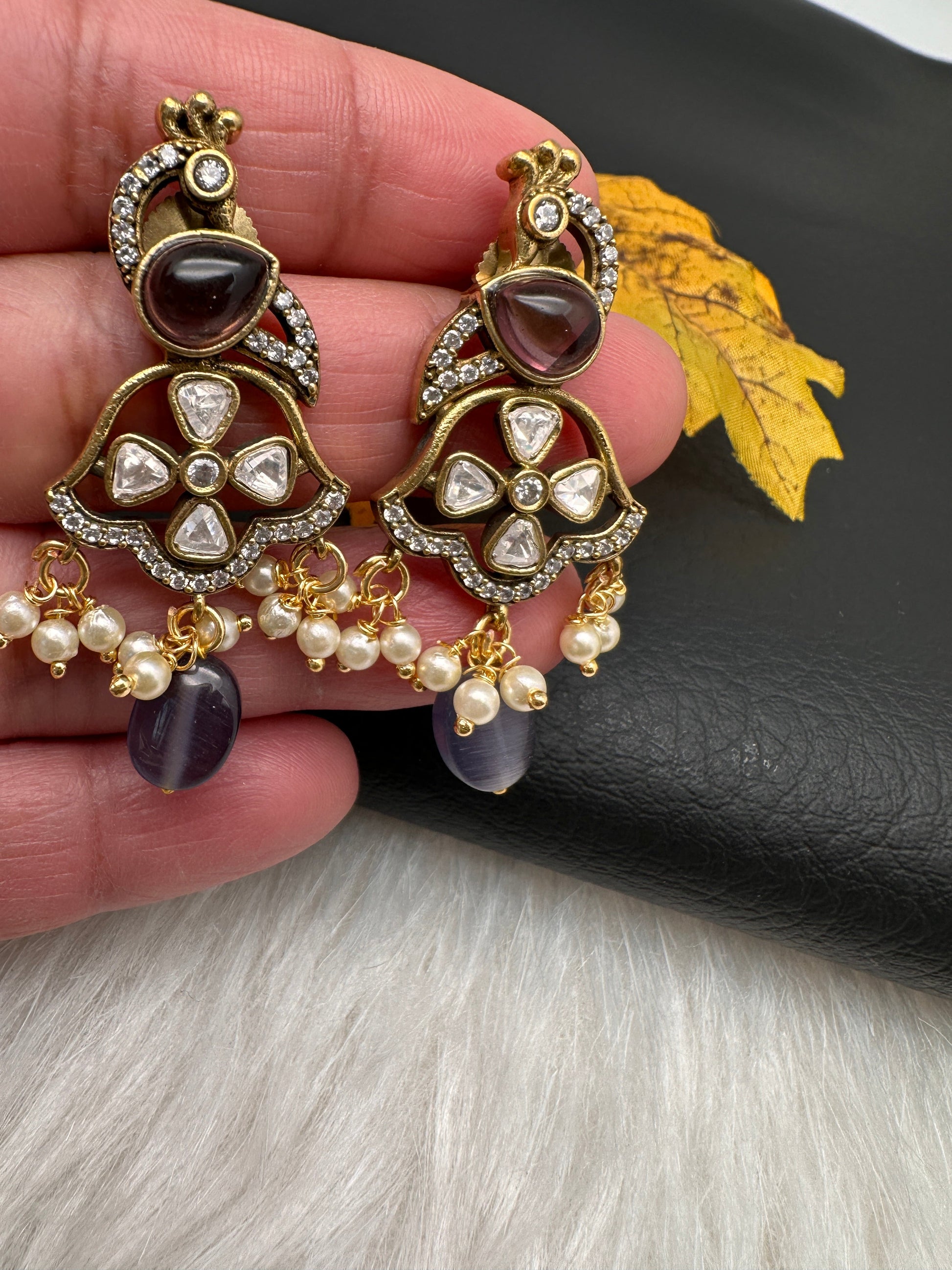 Victorian Carved Stone Color Stone Earings - Purple
