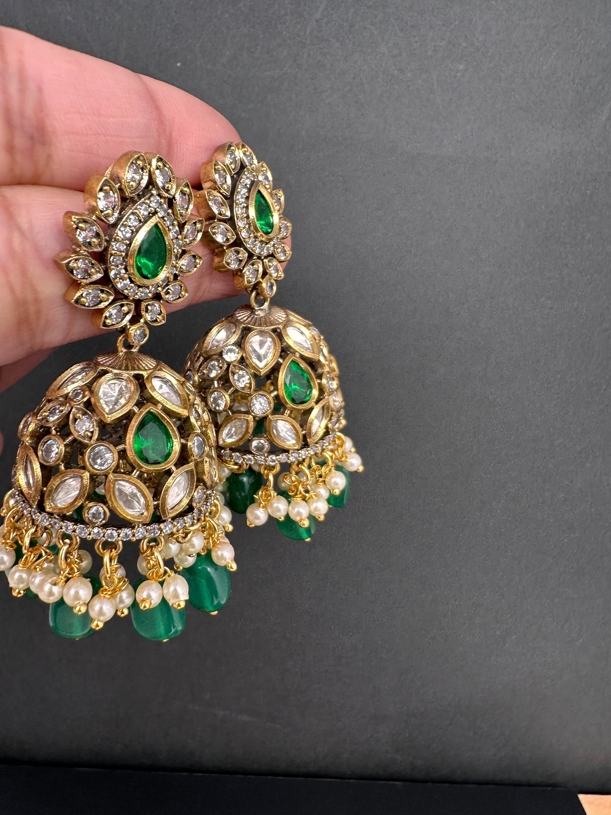 AD Color Stone Jhumki Earings - Green