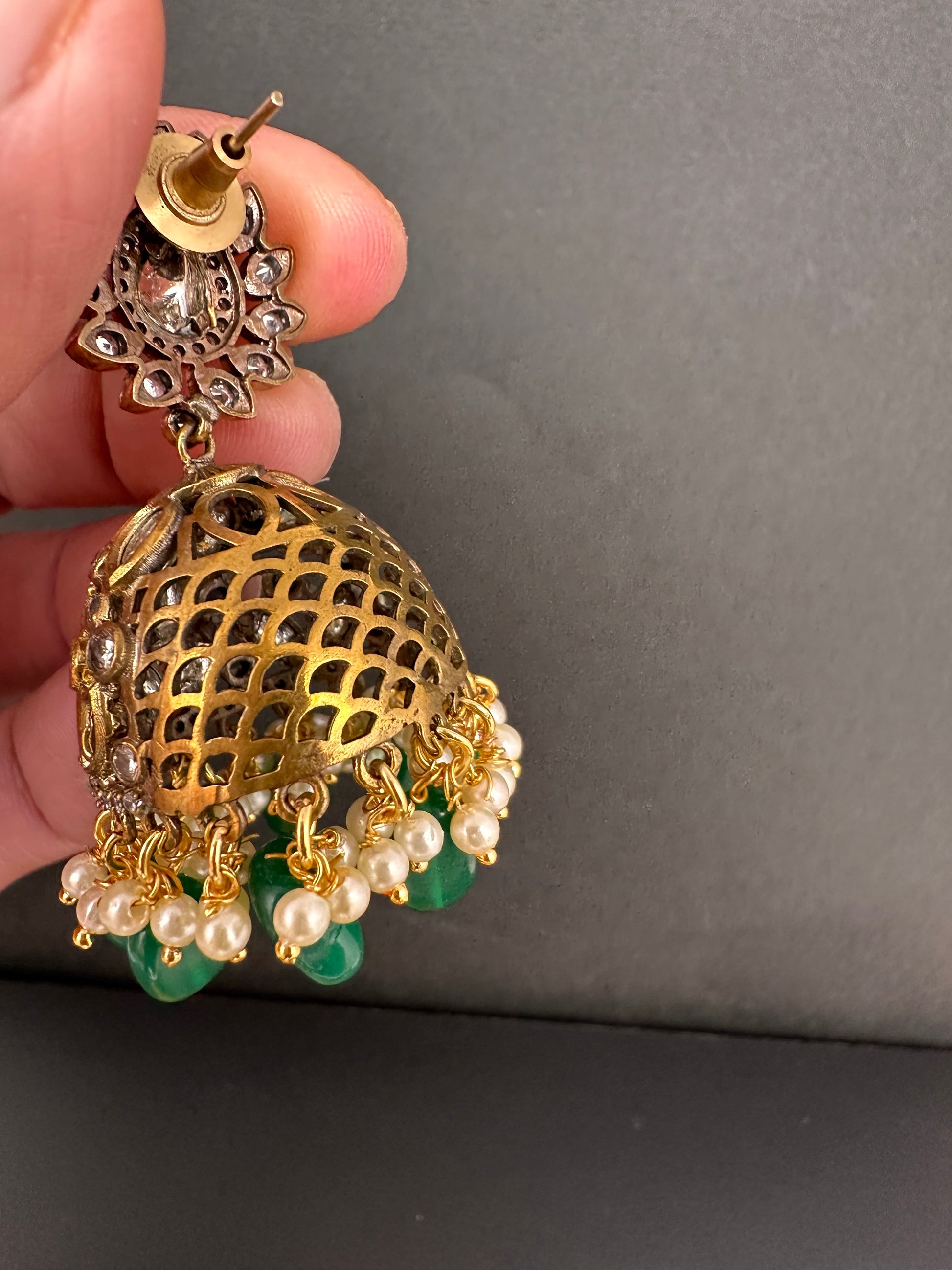 AD Color Stone Jhumki Earings - Green