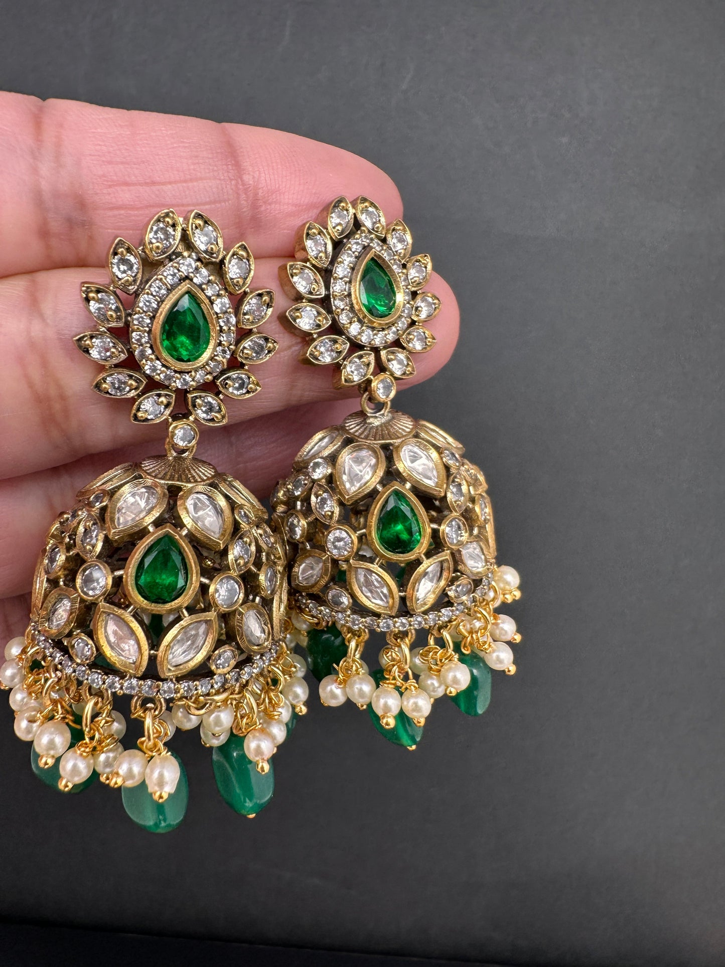 AD Color Stone Jhumki Earings - Green