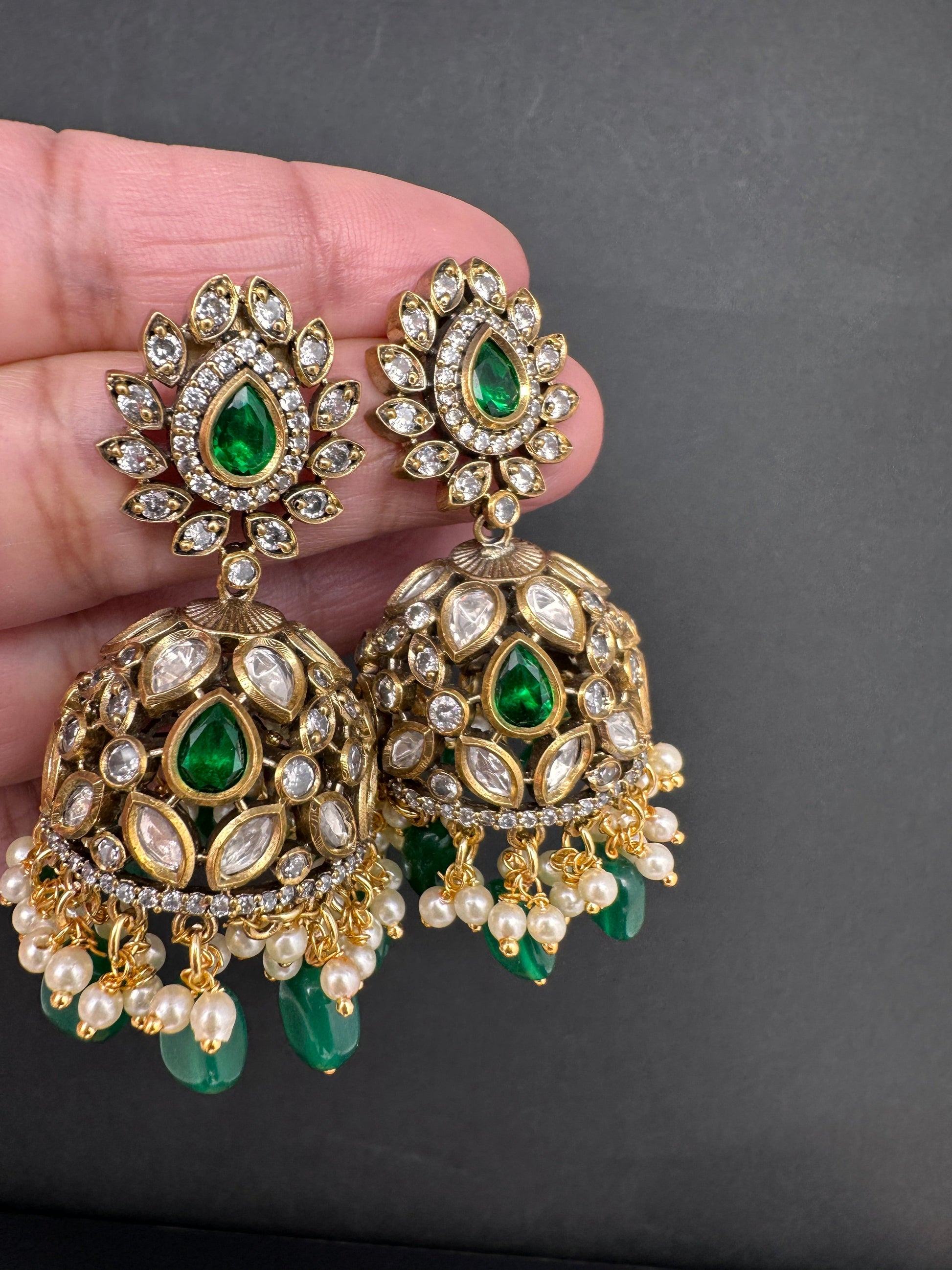 AD Color Stone Jhumki Earings - Green
