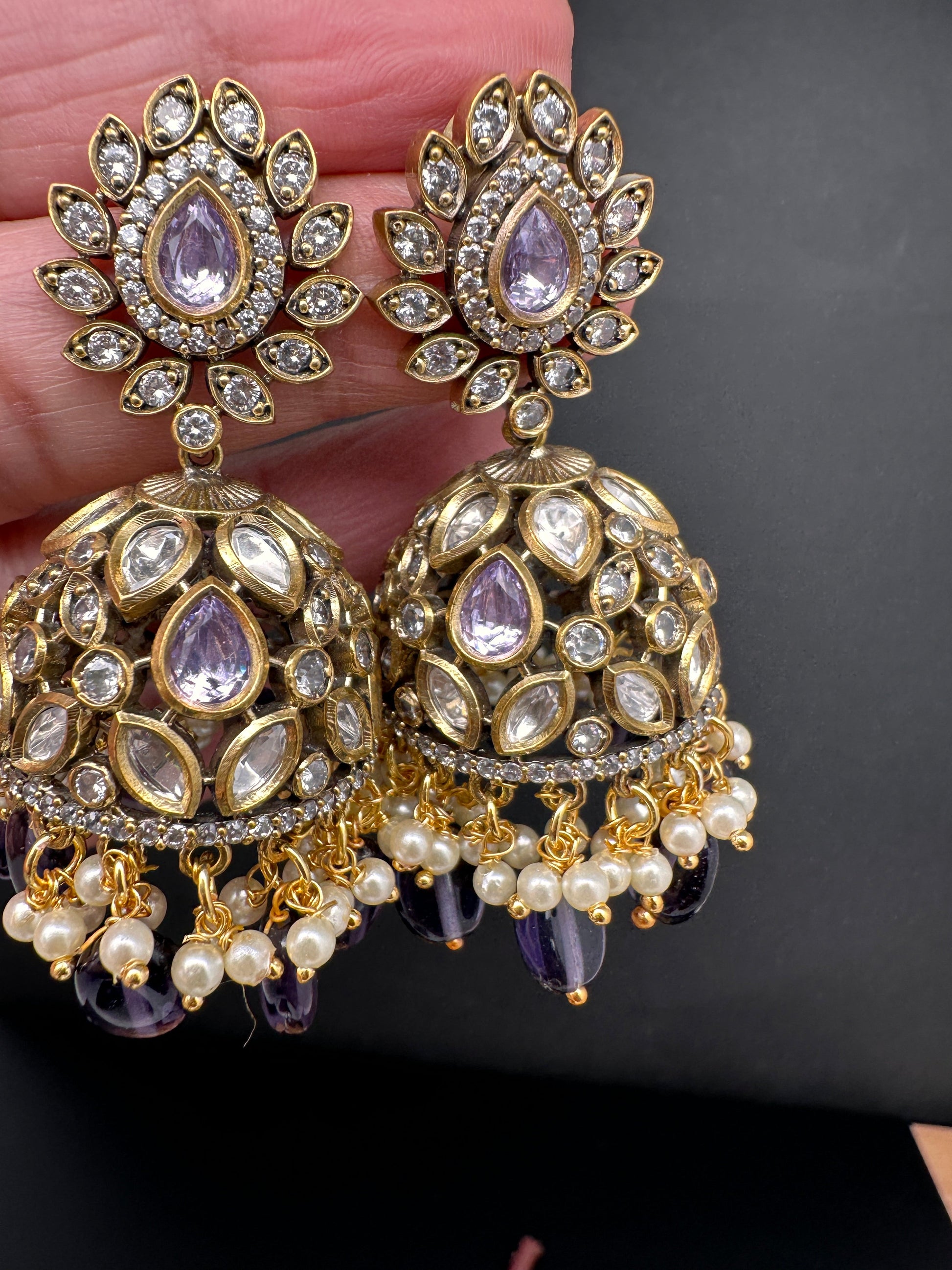 AD Color Stone Jhumki Earings - Purple