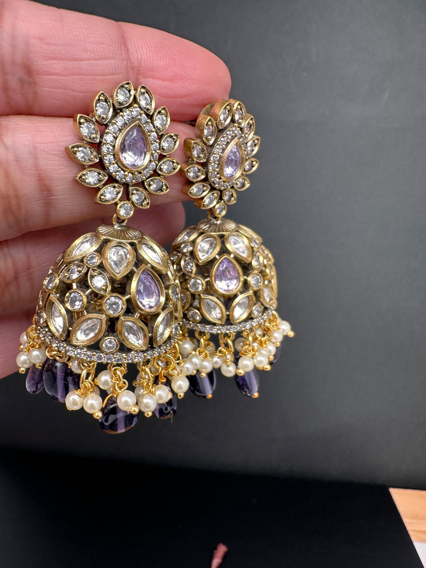 AD Color Stone Jhumki Earings - Purple