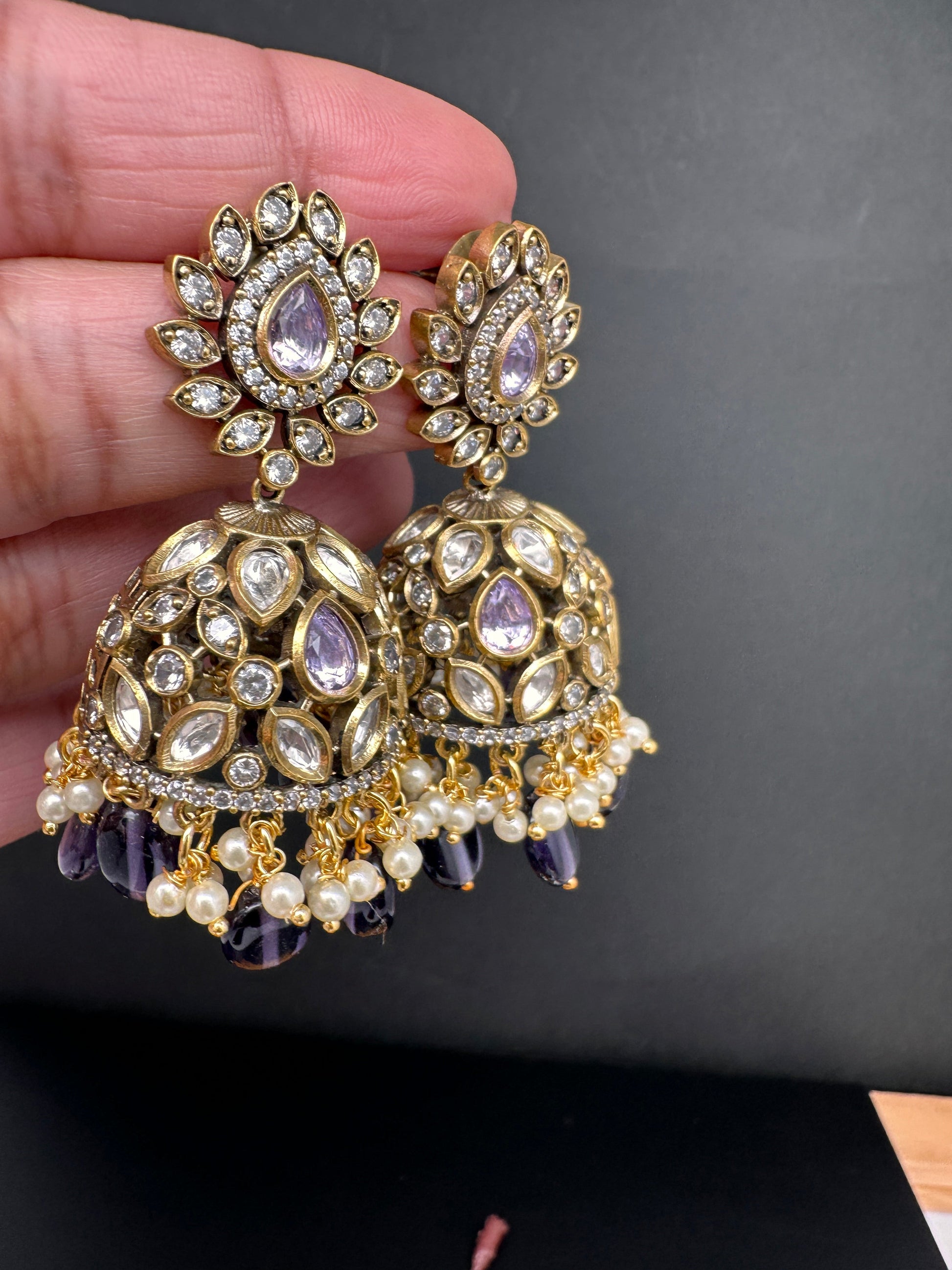 AD Color Stone Jhumki Earings - Purple